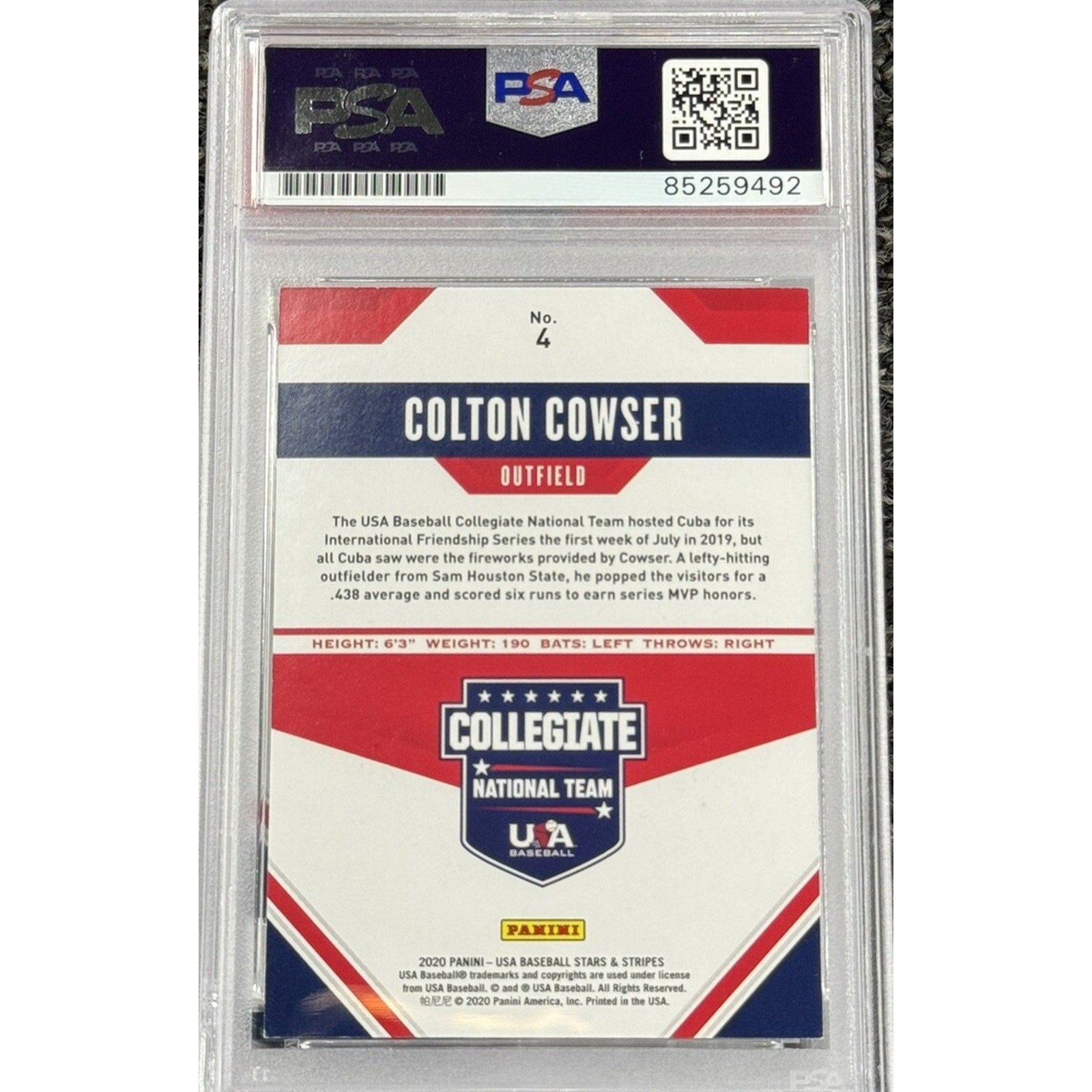 Back view of 2020 Panini Colton Cowser USA Baseball Collegiate autograph card PSA DNA authenticated