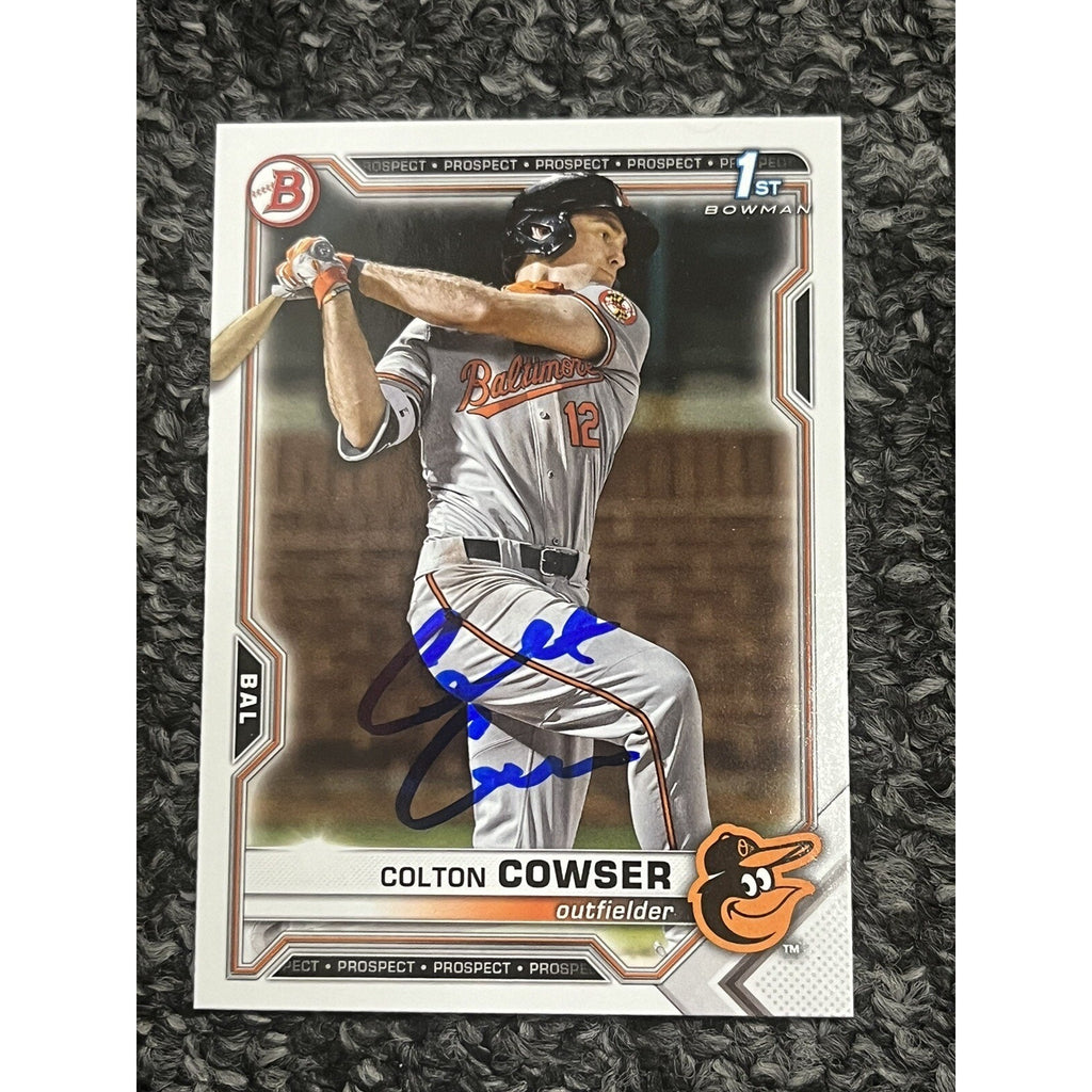 Angled front view of Colton Cowser 2021 Bowman Draft auto rookie card