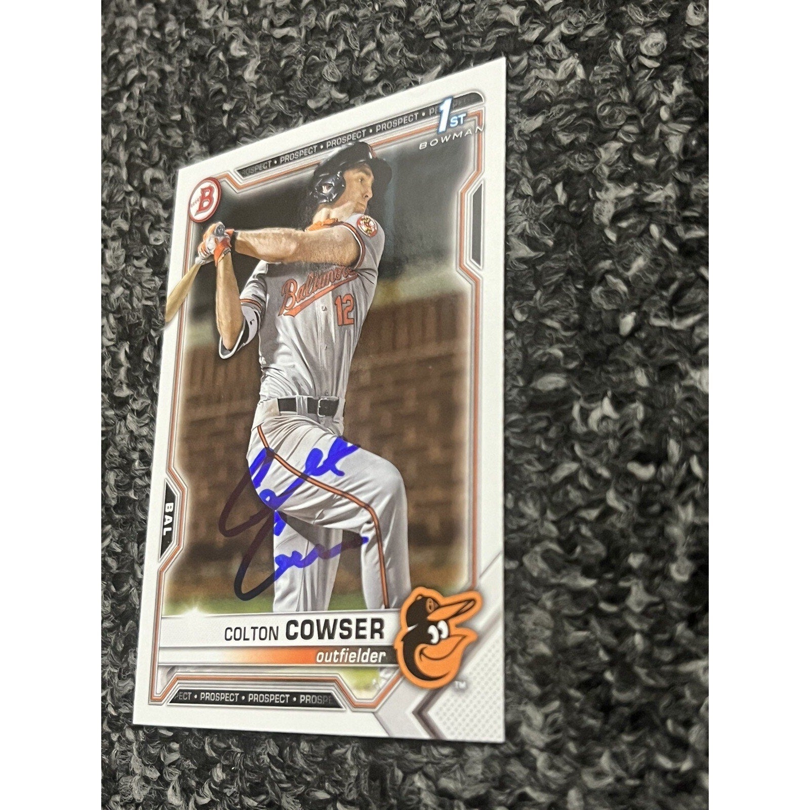 Side angle view of 2021 Bowman Draft Colton Cowser rookie autograph card