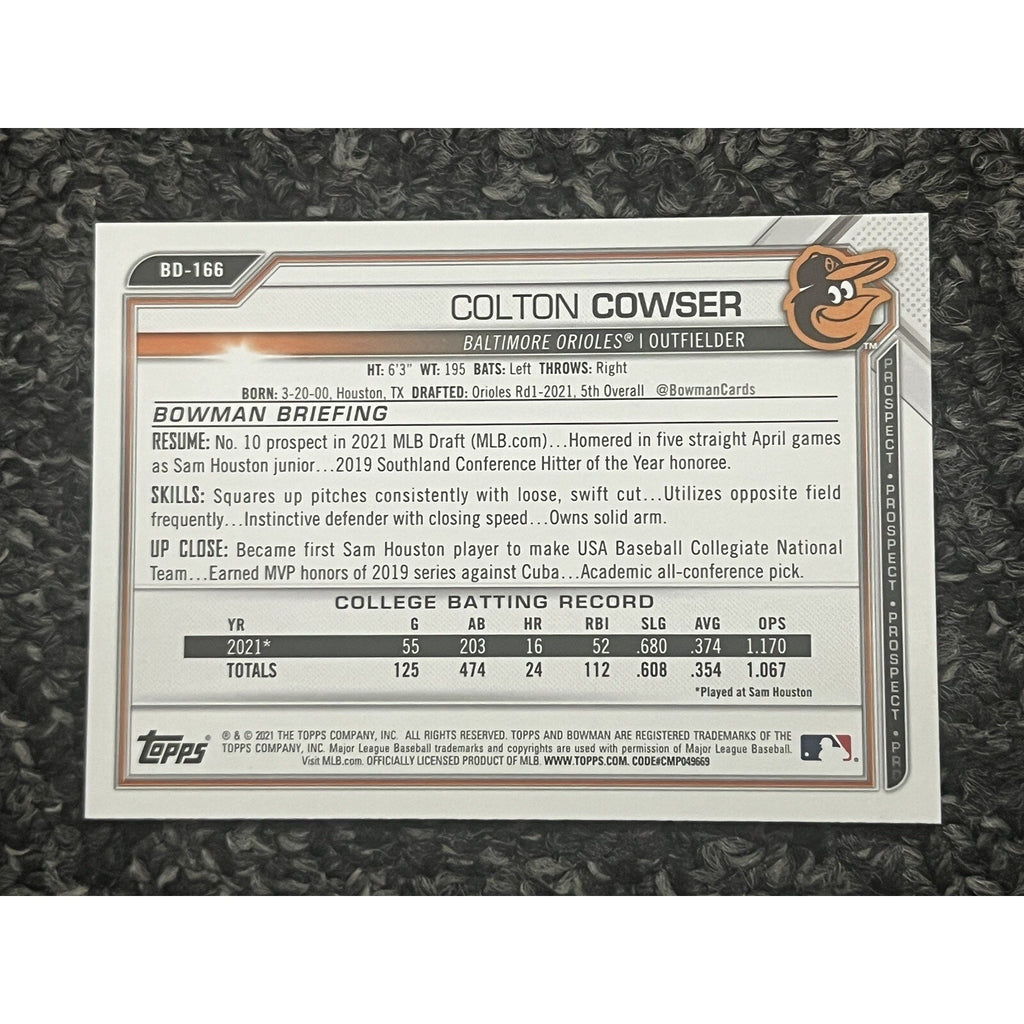 Back view of 2021 Bowman Draft Colton Cowser BD166 rookie card