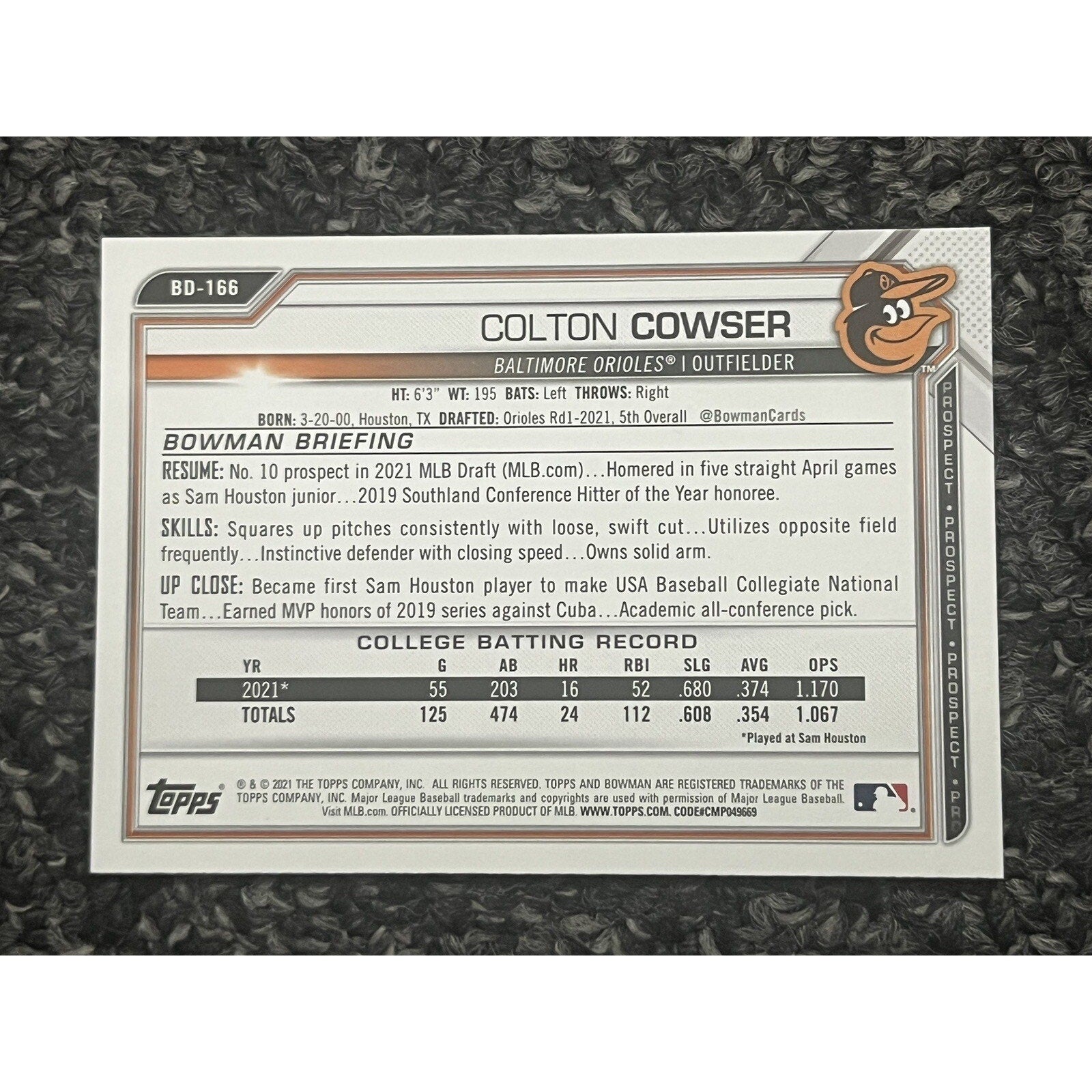 Back view of 2021 Bowman Draft Colton Cowser BD166 rookie card