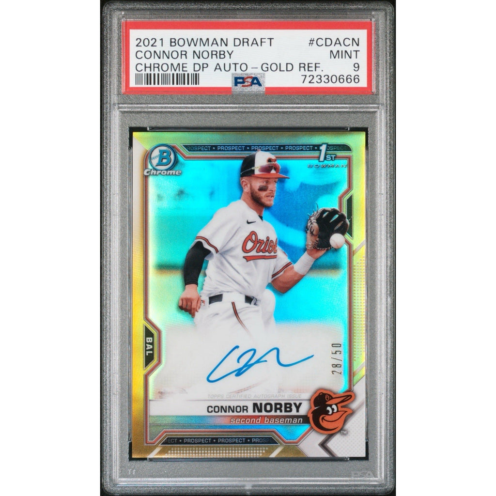 2021 Bowman Draft Connor Norby Gold Refractor Auto /50 PSA 9 1st Bowman card front