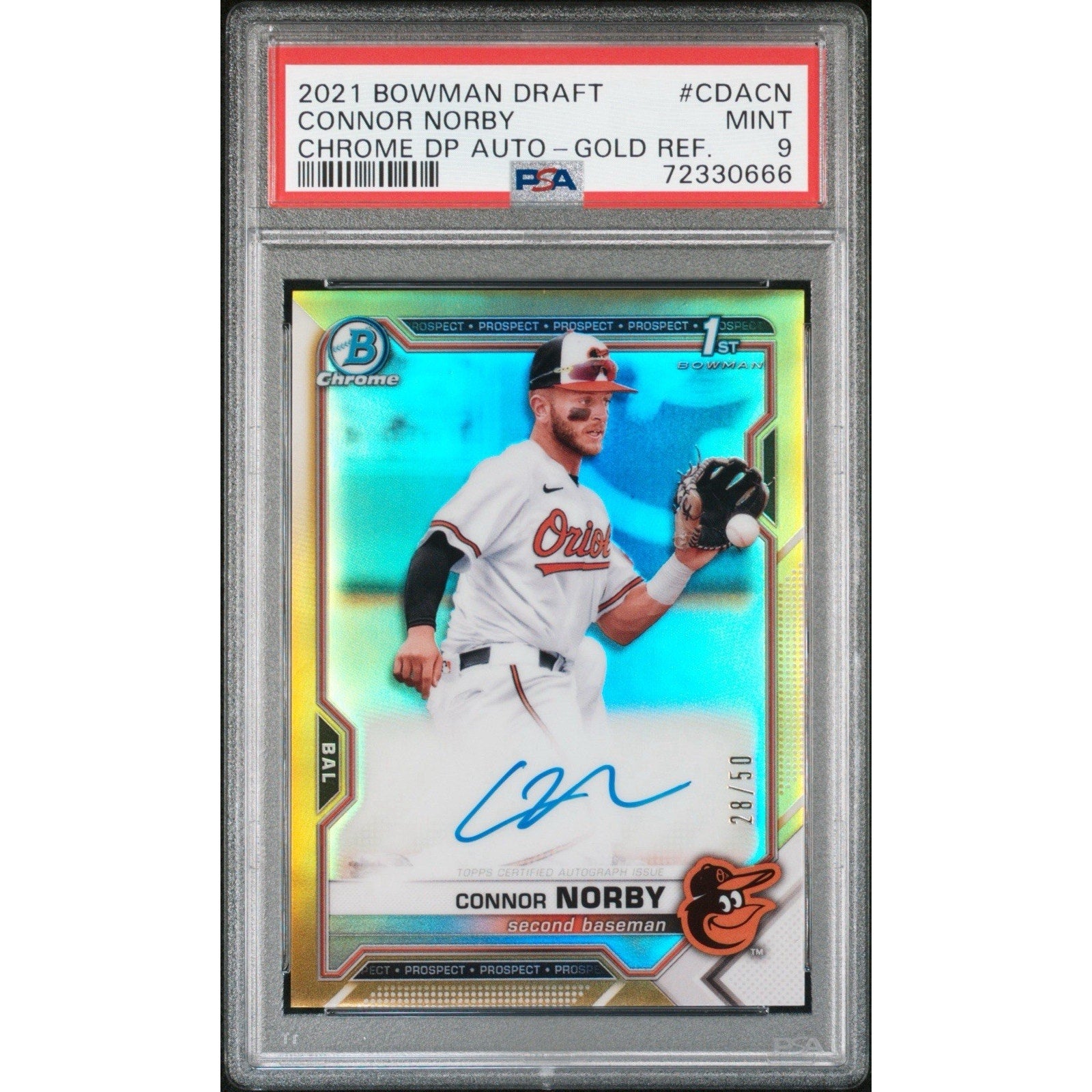 2021 Bowman Draft Connor Norby Gold Refractor Auto /50 PSA 9 1st Bowman card front