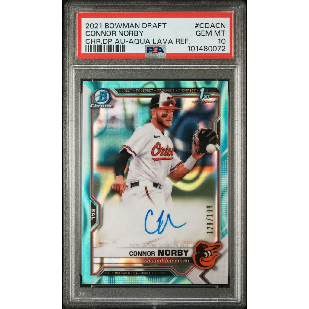2021 Bowman Draft Connor Norby Aqua Lava Refractor auto rookie card /199 PSA 10 front view