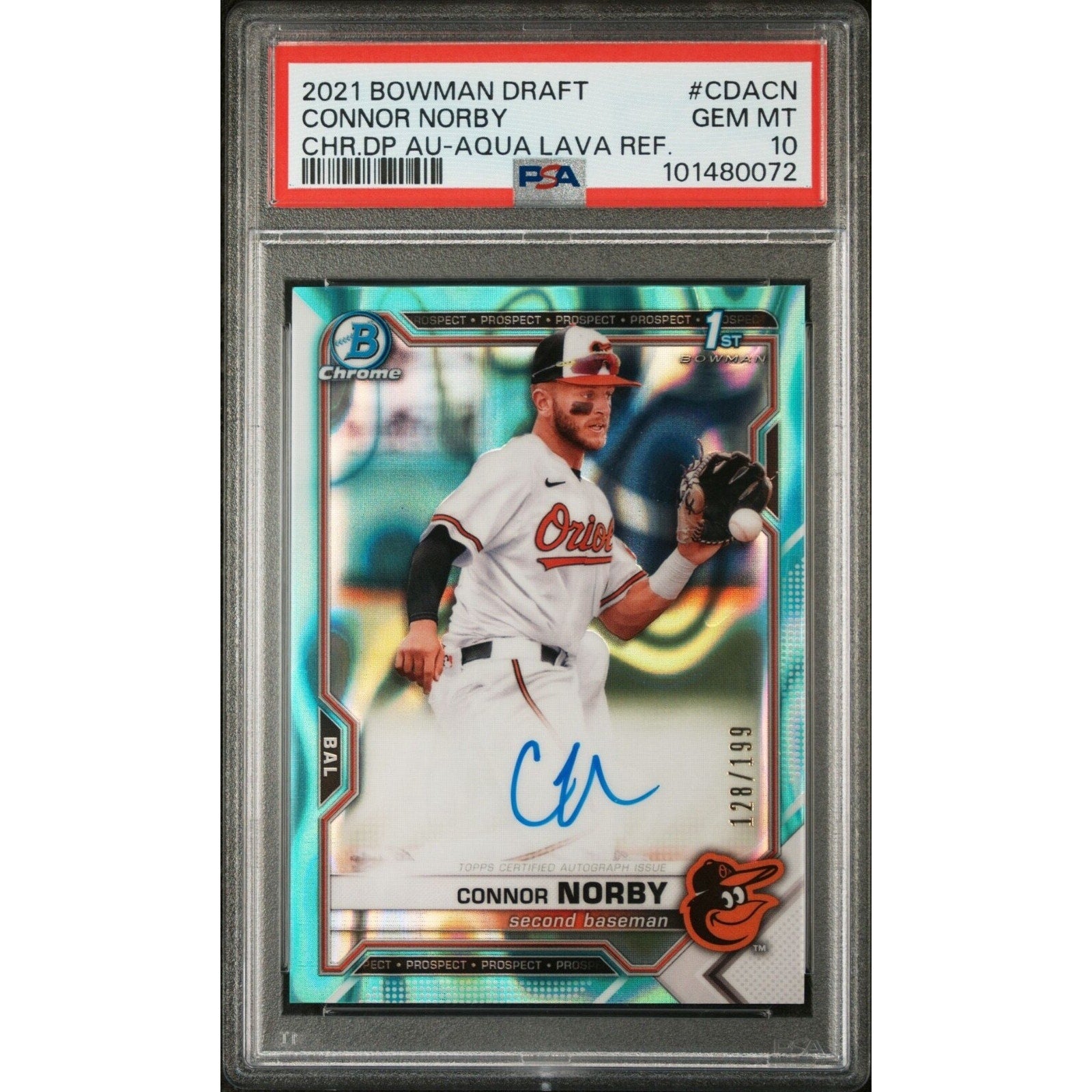 2021 Bowman Draft Connor Norby Aqua Lava Refractor auto rookie card /199 PSA 10 front view