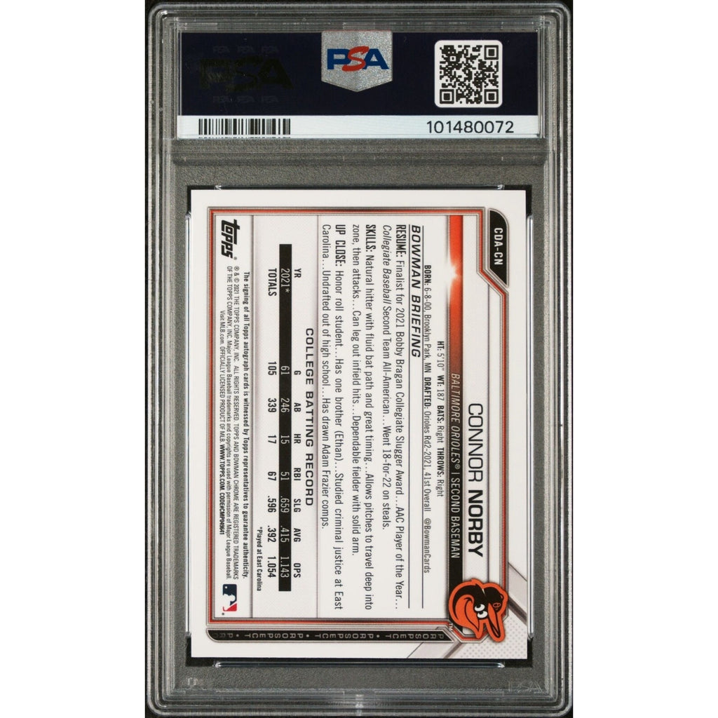 Back view of 2021 Bowman Draft Connor Norby Aqua Lava Refractor autograph card /199 PSA 10