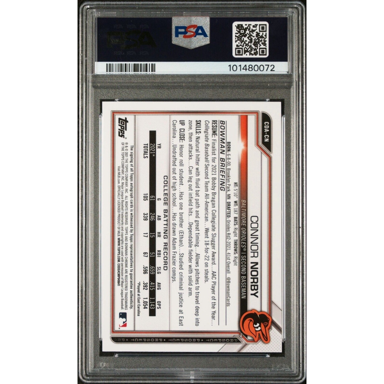 Back view of 2021 Bowman Draft Connor Norby Aqua Lava Refractor autograph card /199 PSA 10
