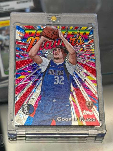 2025 Topps Power Players Cooper Flagg PP-16 Rookie SSP insert card angled front view showcasing colorful premium artwork