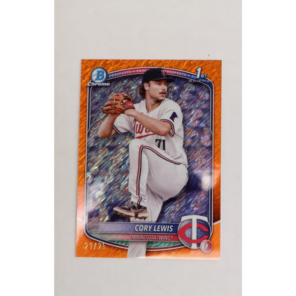 2025 Bowman Chrome Corey Lewis 1st Bowman Orange Shimmer Refractor #BCP-128 /25 Minnesota Twins baseball card front view