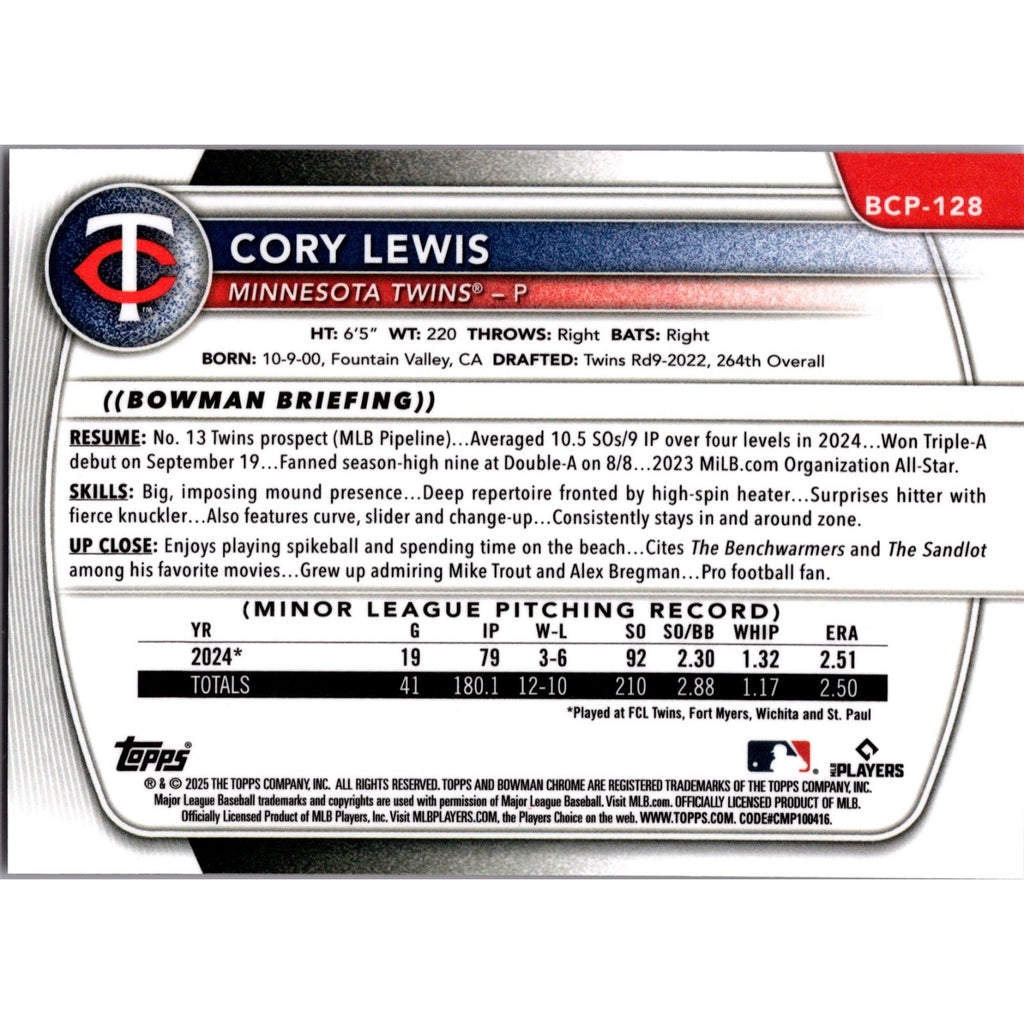 Back view of 2025 Bowman Chrome Corey Lewis 1st Bowman Orange Shimmer Refractor /25 baseball card for Minnesota Twins collectors