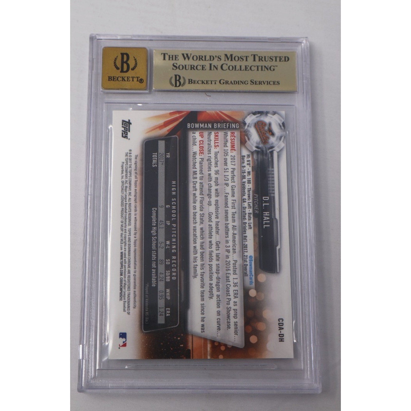 Back of 2017 Bowman Chrome Draft DL Hall auto rookie card graded BGS 9.5 with perfect Auto 10 authentication
