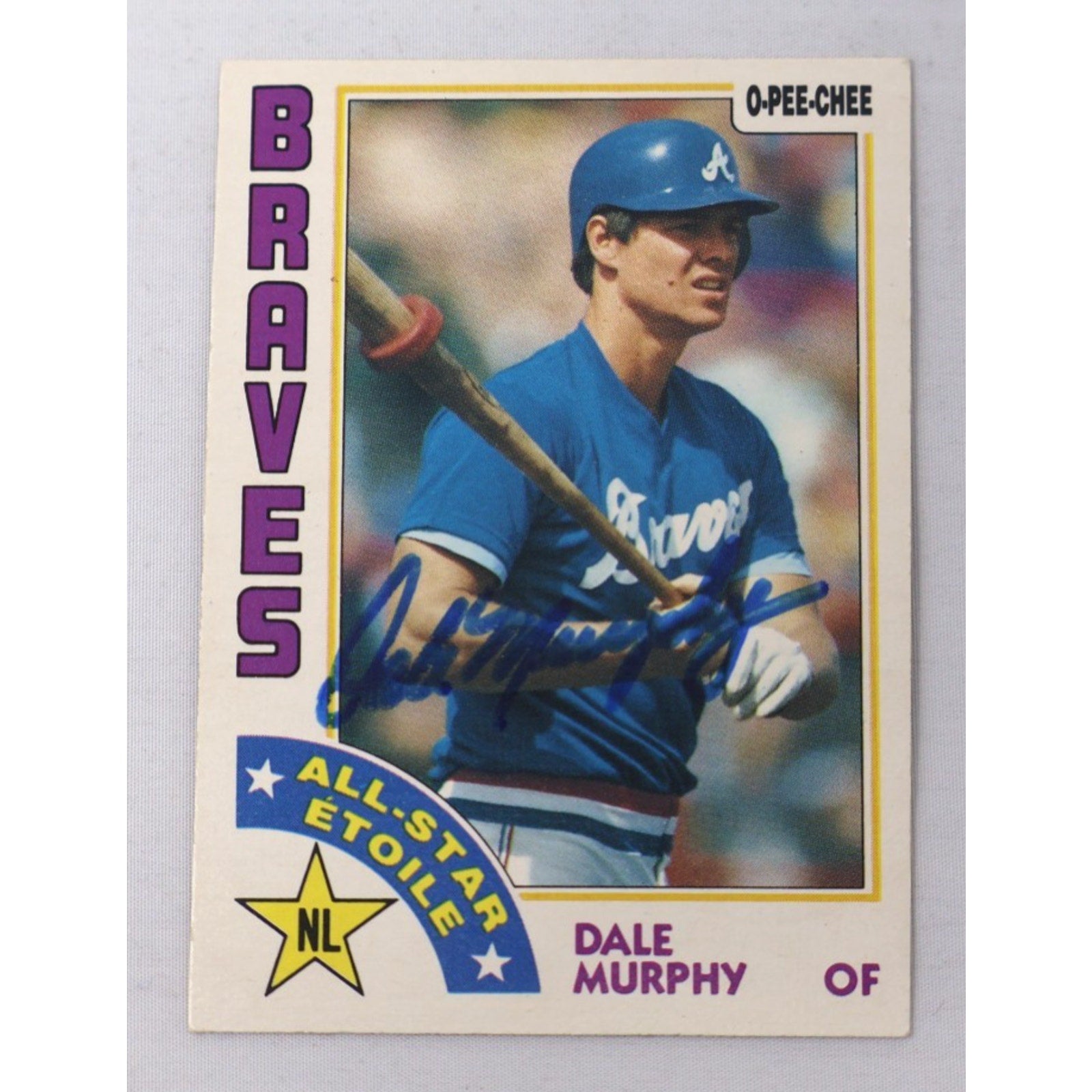 1984 O-Pee-Chee Dale Murphy All-Star baseball card #391 with blue ink autograph featuring Atlanta Braves star