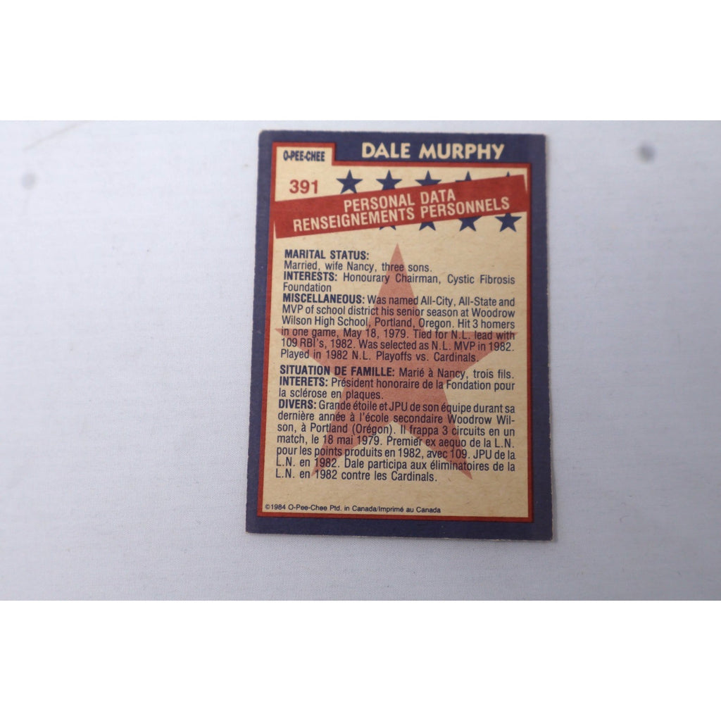 Back of signed 1984 O-Pee-Chee Dale Murphy All-Star card showing player statistics and biography