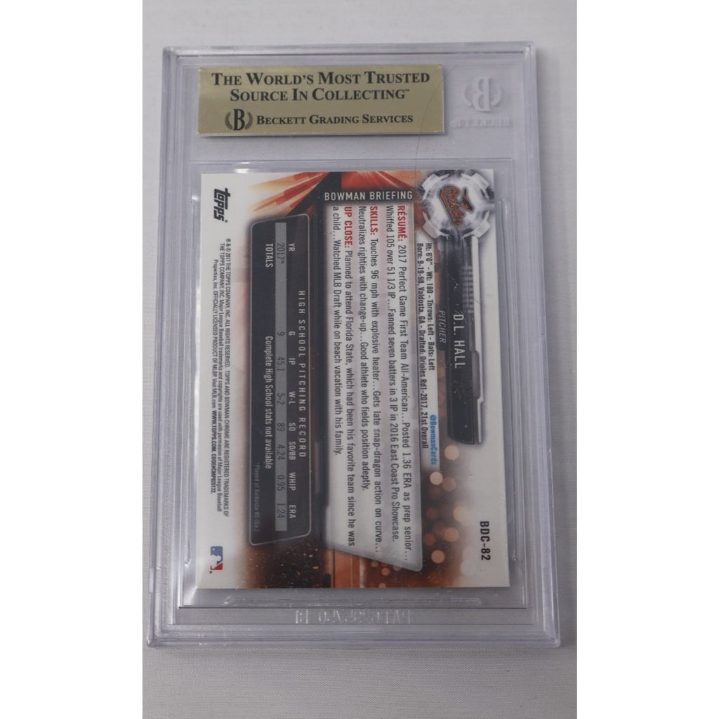 Back of 2017 Bowman Chrome Draft DL Hall 1st Bowman card #BDC82 graded BGS 9.5 Gem Mint
