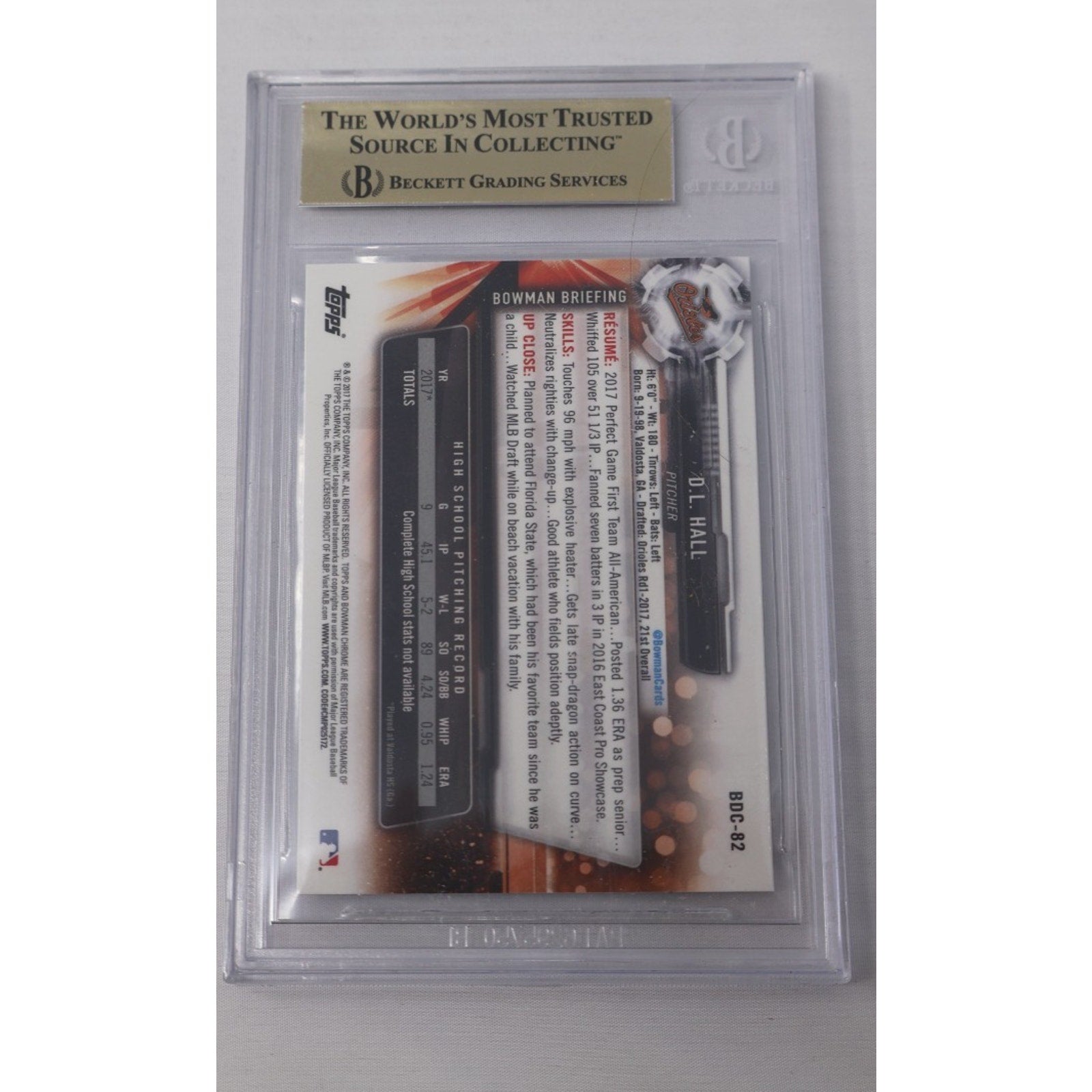 Back of 2017 Bowman Chrome Draft DL Hall 1st Bowman card #BDC82 graded BGS 9.5 Gem Mint