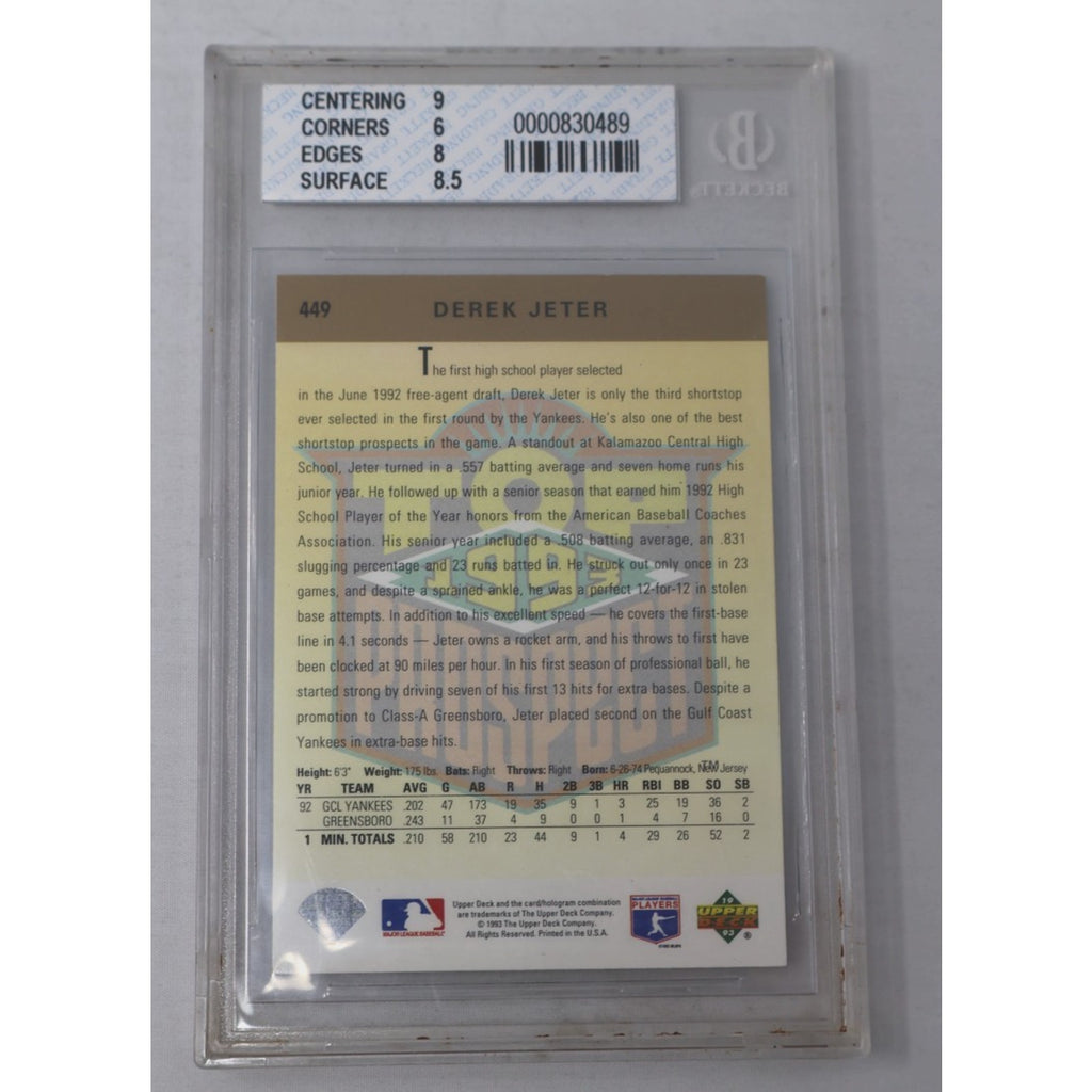 Back view of BGS 6.5 graded 1993 Upper Deck Derek Jeter Top Prospect rookie card #449