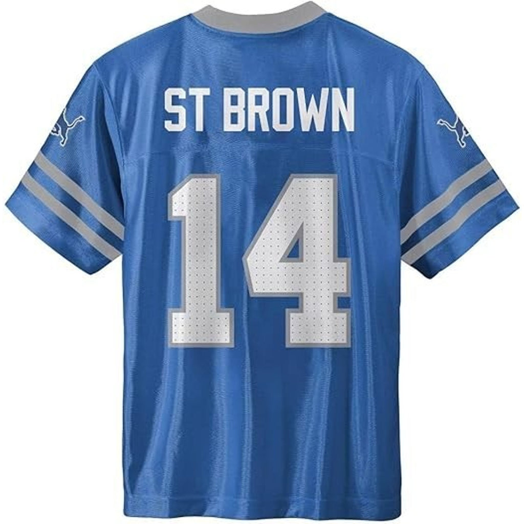 Back view of Detroit Lions youth jersey showing ST BROWN nameplate and number 14
