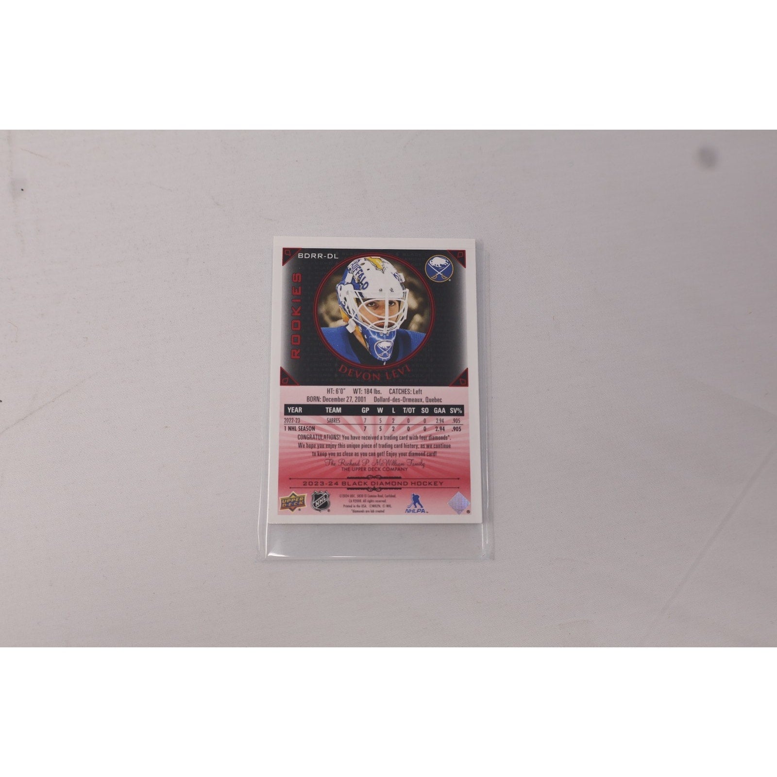 Front view of Devon Levi Black Diamond Rookie Quad Gems Relics Ruby hockey card collectible