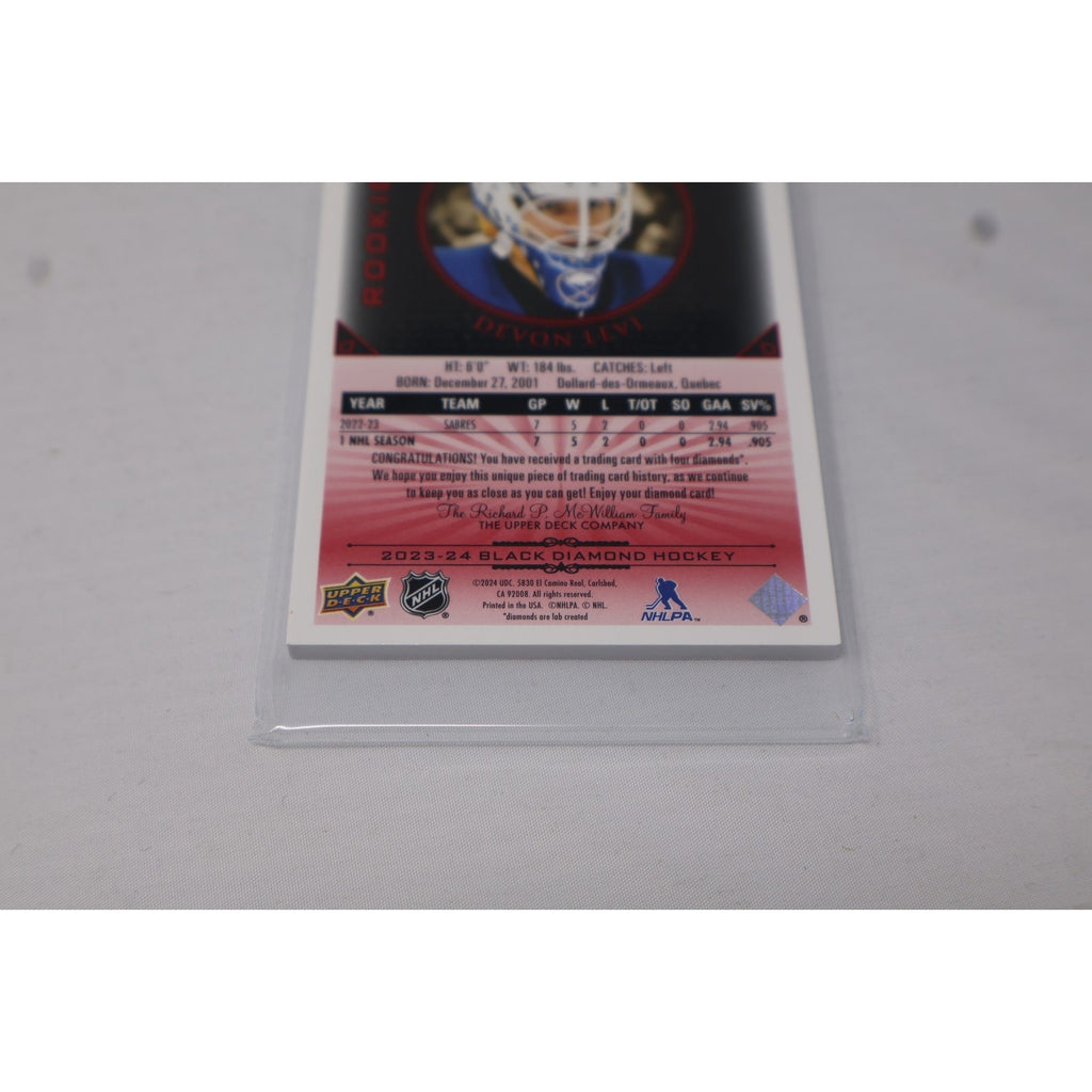 Back of Devon Levi 2023-24 Upper Deck Black Diamond Rookie Quad Gems Relics Ruby card with serial details