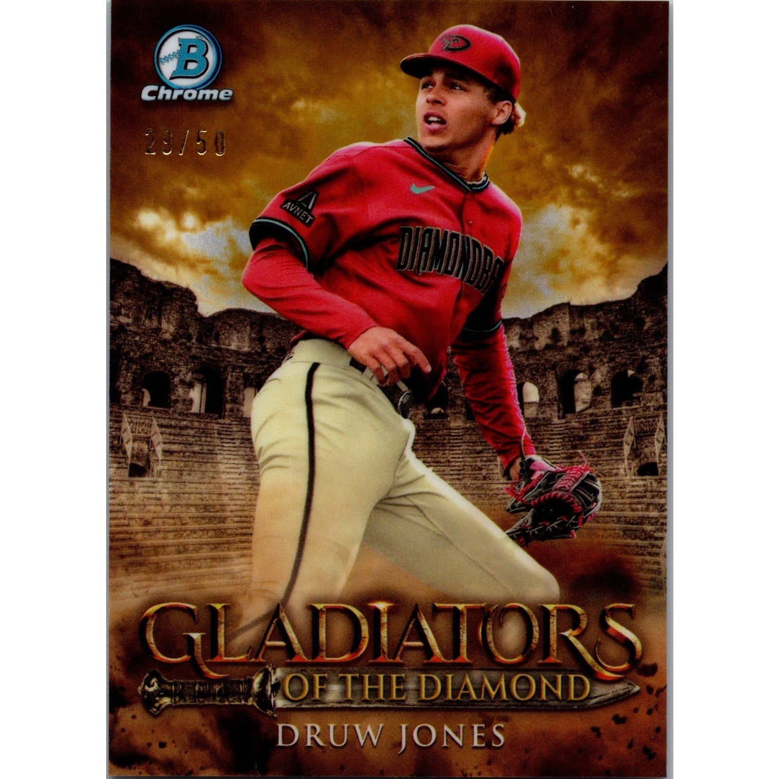 2024 Bowman Chrome Gladiators of the Diamond Druw Jones #GOTD-15 refractor card featuring Arizona Diamondbacks prospect