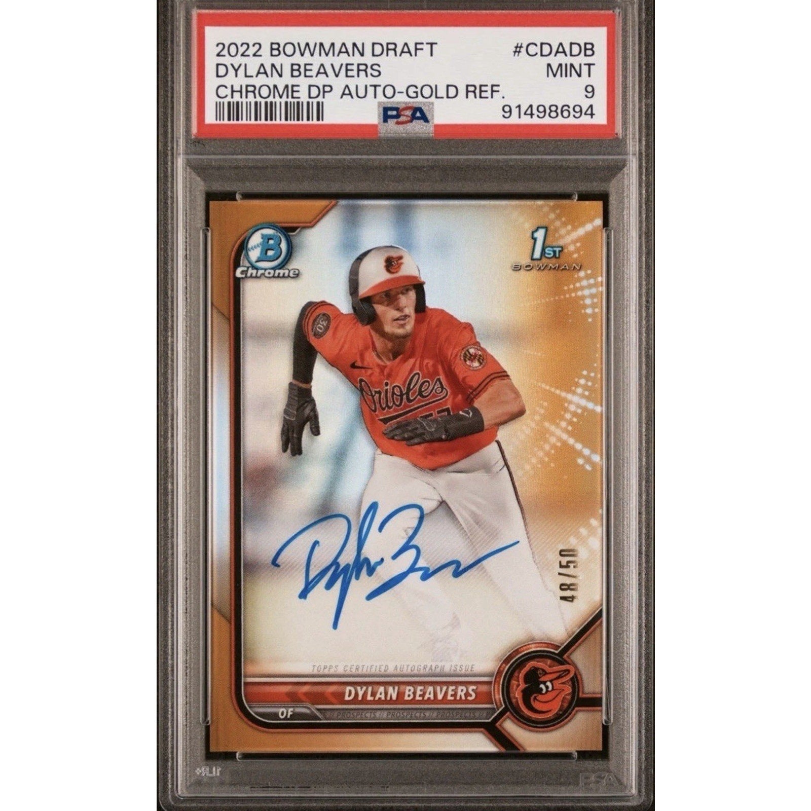 Baseball trading card of Dylan Beavers in a display case with a white background