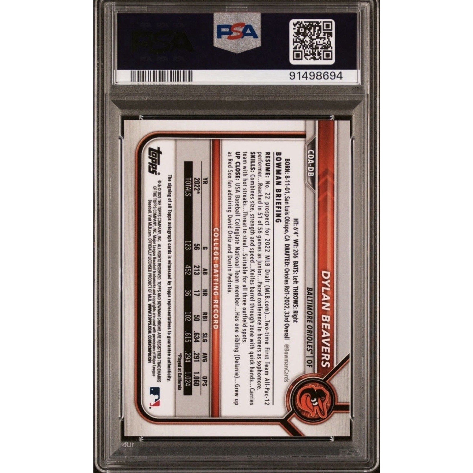 Trading card in a protective case with a visible PSA logo and number