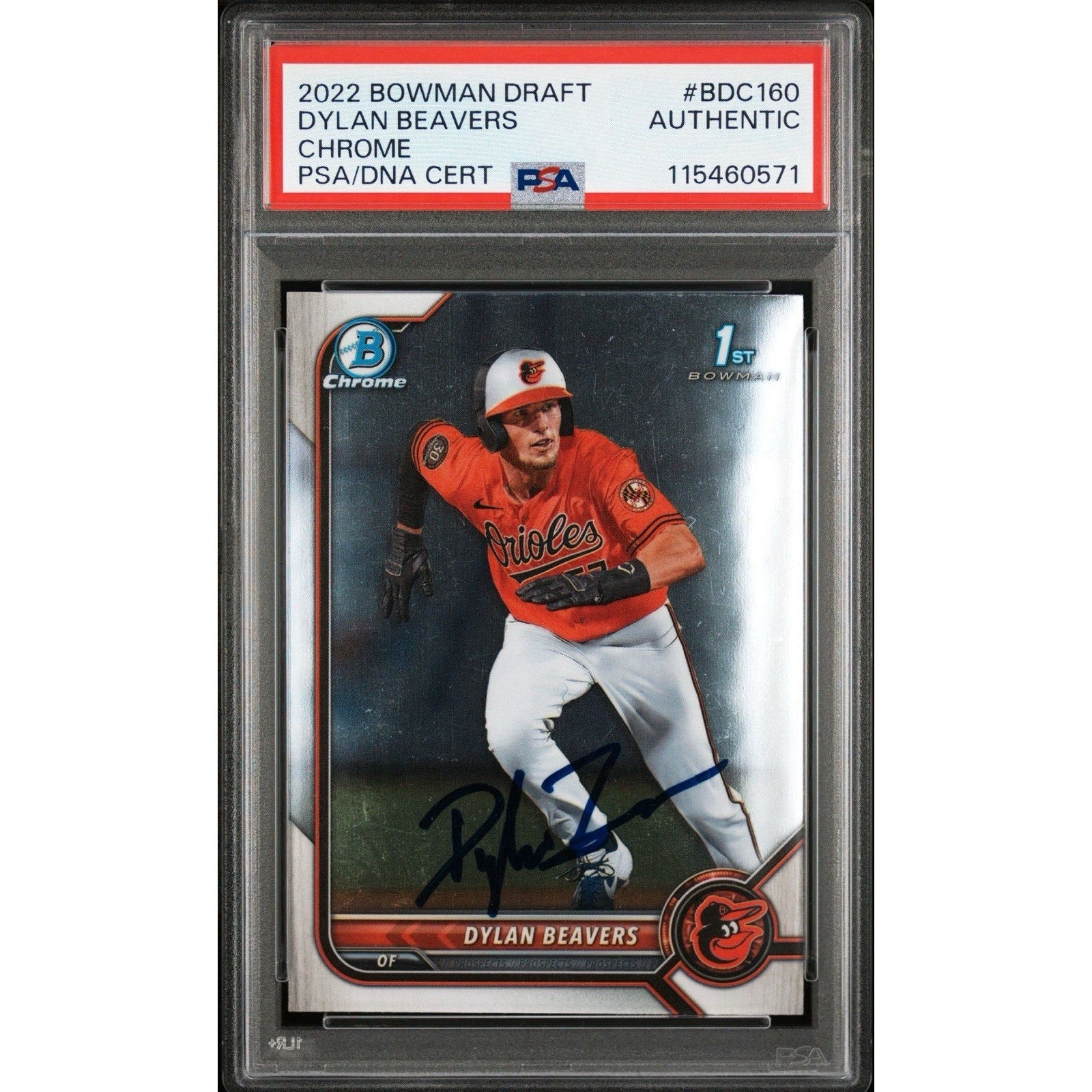 2022 Bowman Draft Chrome Dylan Beavers 1st Bowman rookie autograph card #BDC-160 PSA DNA authenticated Baltimore Orioles prospect collectible