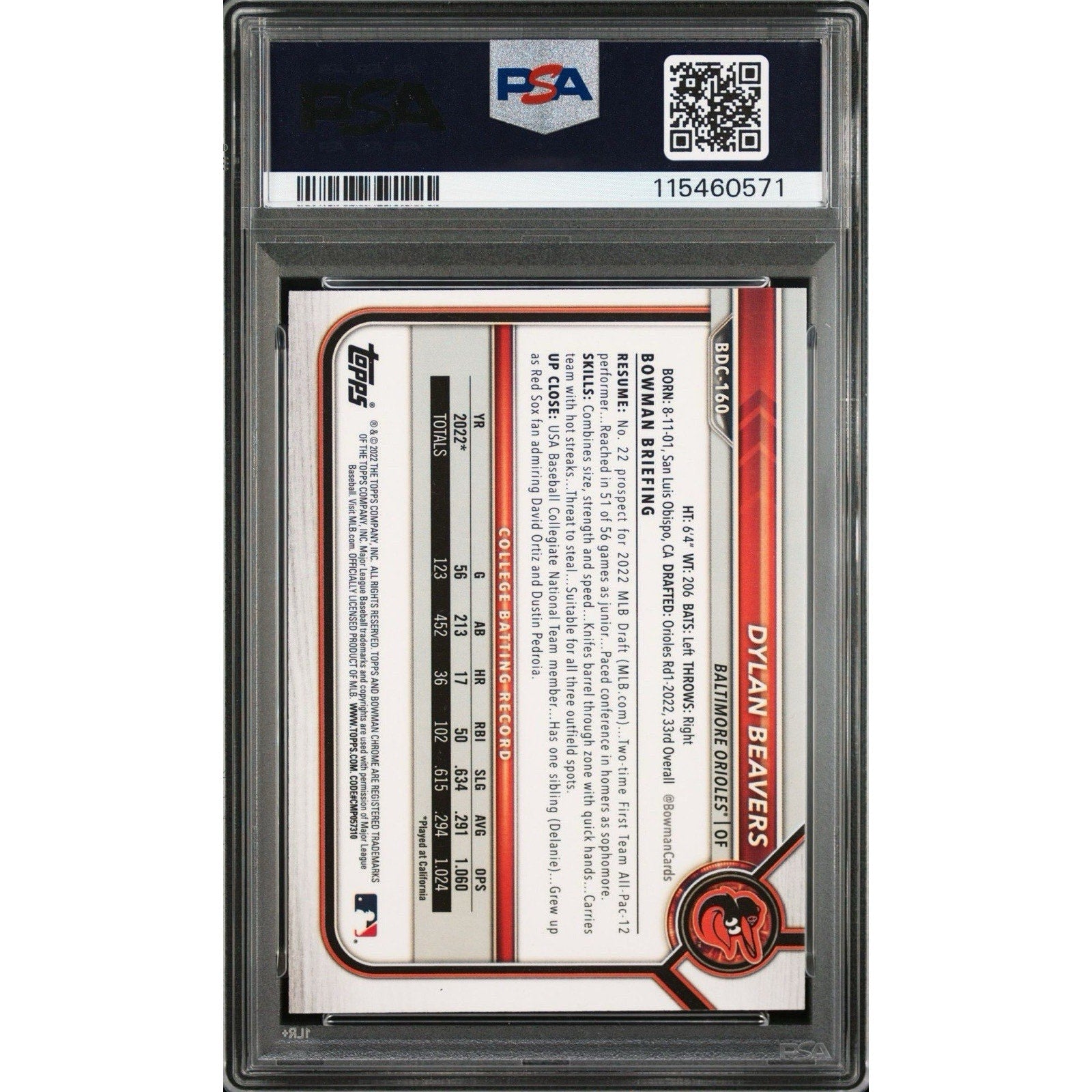 Back of 2022 Bowman Draft Chrome Dylan Beavers rookie auto card #BDC-160 authenticated and encapsulated by PSA DNA