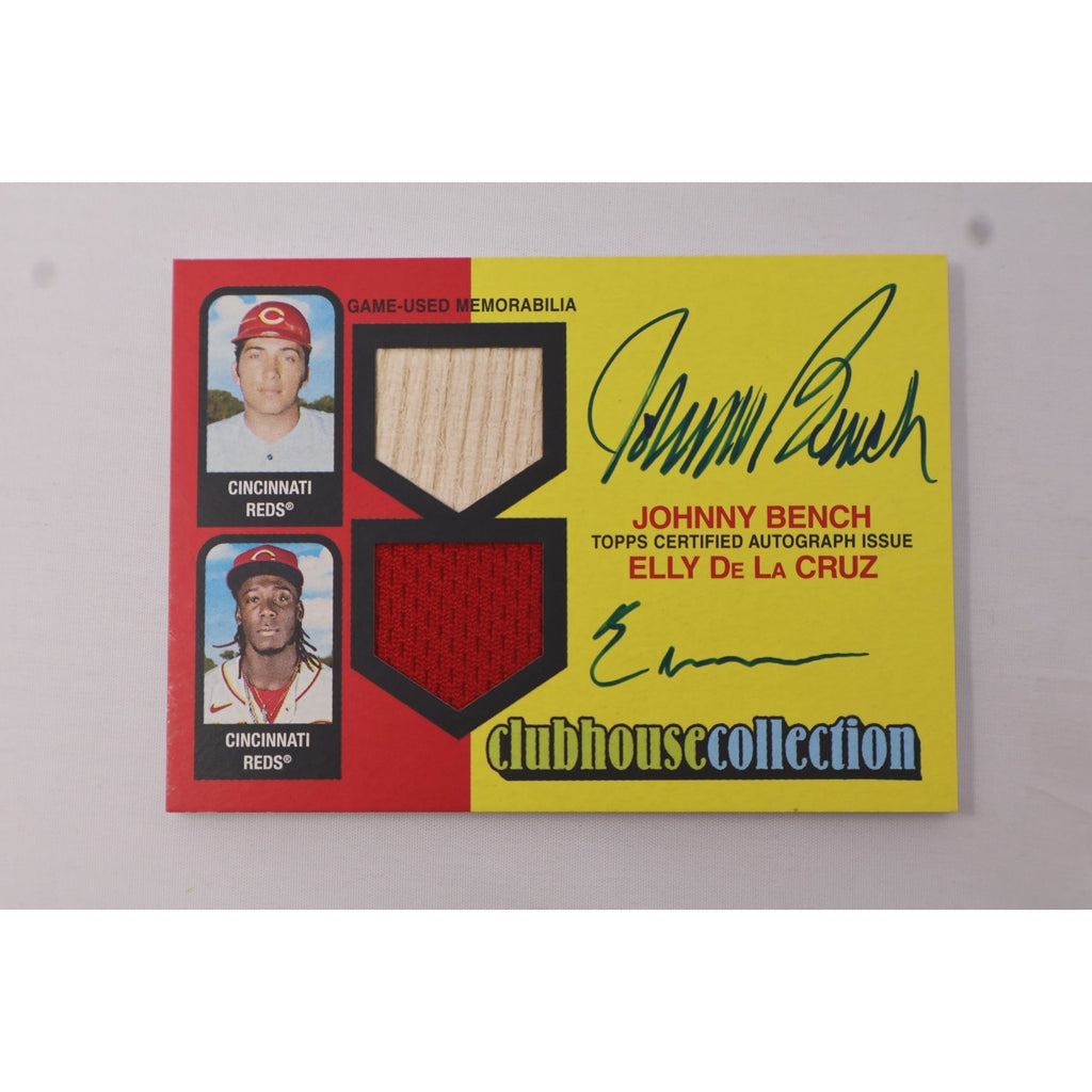 2024 Topps Heritage Clubhouse Collection dual autograph relic card featuring Johnny Bench and Elly De La Cruz numbered to 10