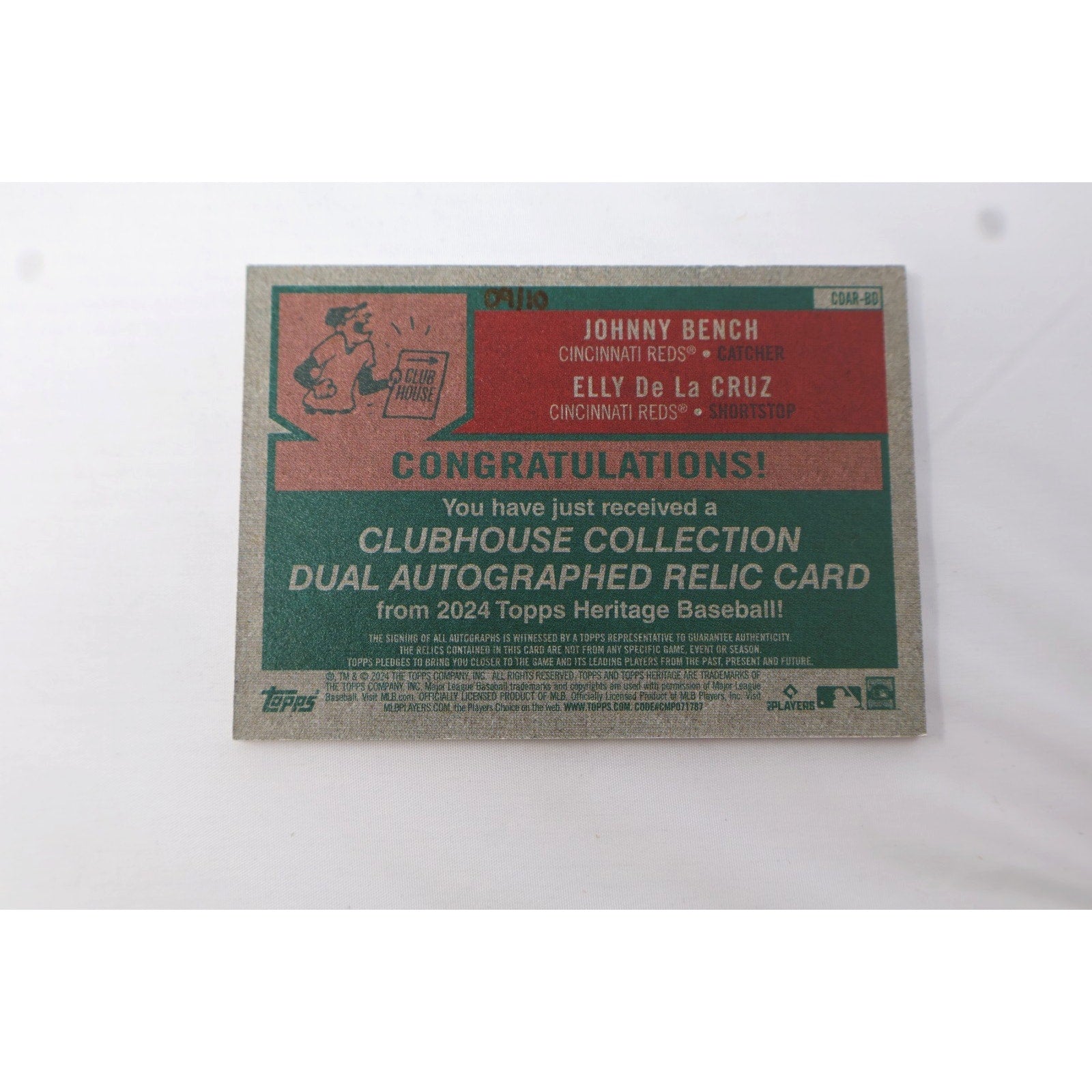 Back of 2024 Topps Heritage Johnny Bench and Elly De La Cruz dual auto relic card with serial numbering and authentication details
