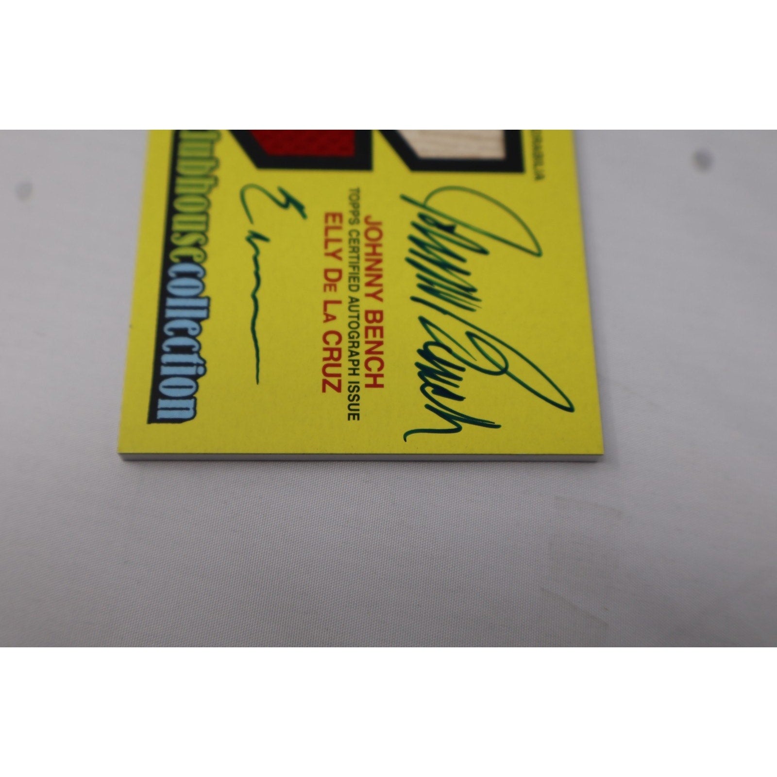 Front angled view of 2024 Topps Heritage dual autograph relic card featuring Reds legends Johnny Bench and Elly De La Cruz