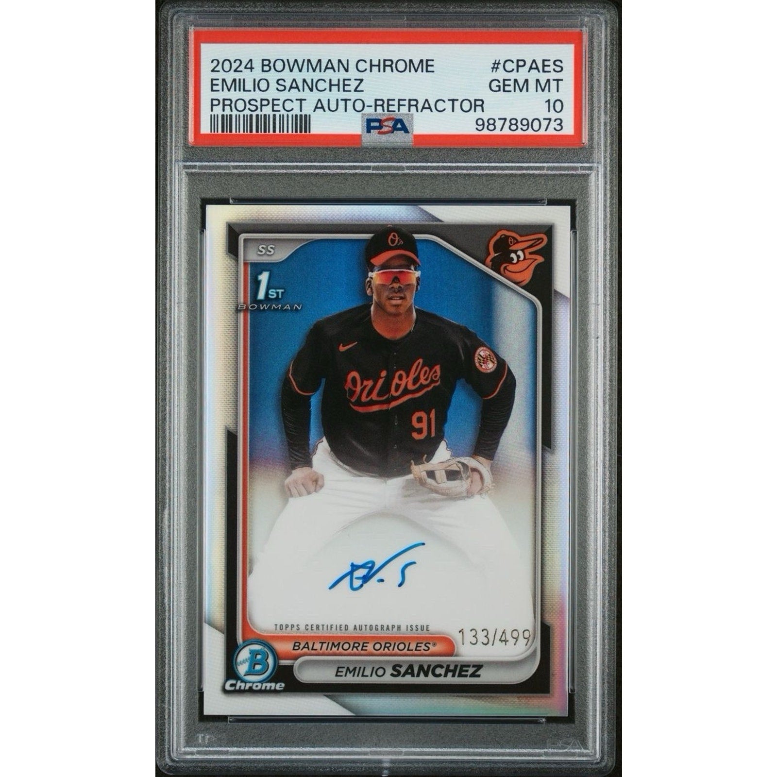 2024 Bowman Draft Emilio Sanchez 1st Bowman Chrome Refractor autograph card PSA 10 Orioles prospect