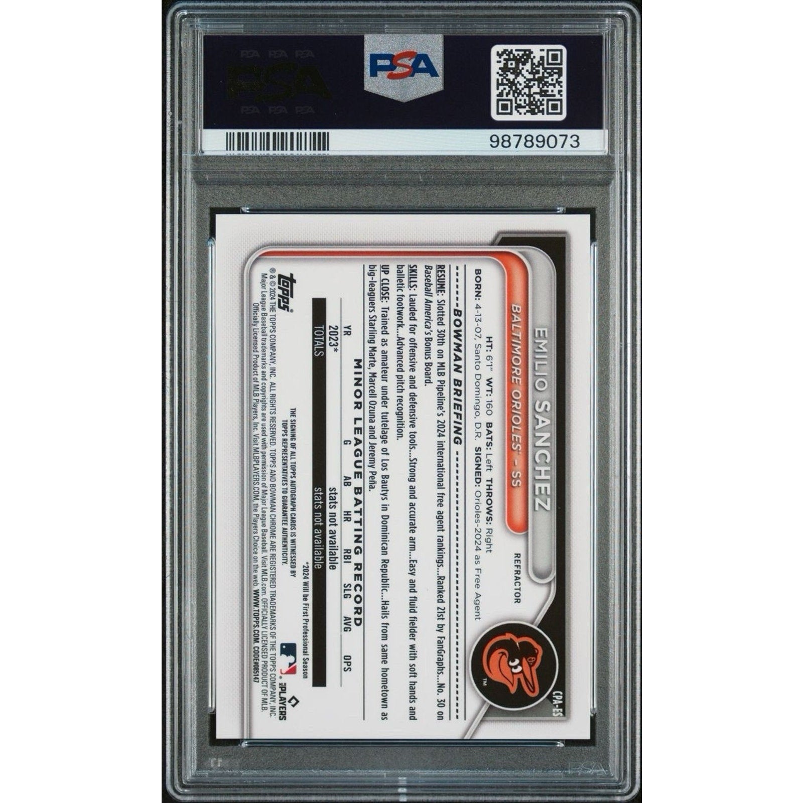 Back of 2024 Bowman Chrome Emilio Sanchez refractor auto rookie card PSA authenticated collectible