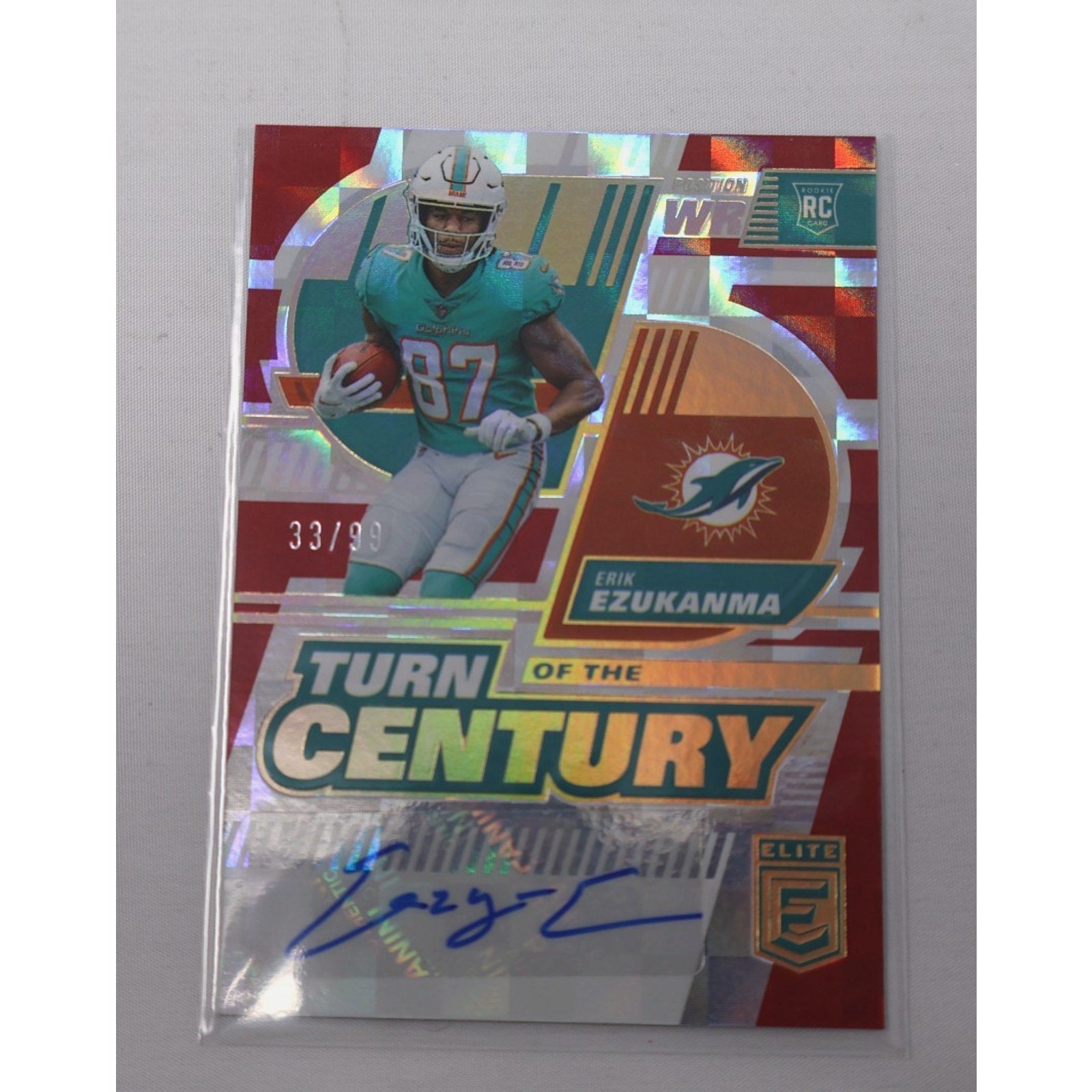 2022 Donruss Elite Erik Ezukanma Turn of the Century Red rookie autograph card numbered to 99 featuring Miami Dolphins receiver