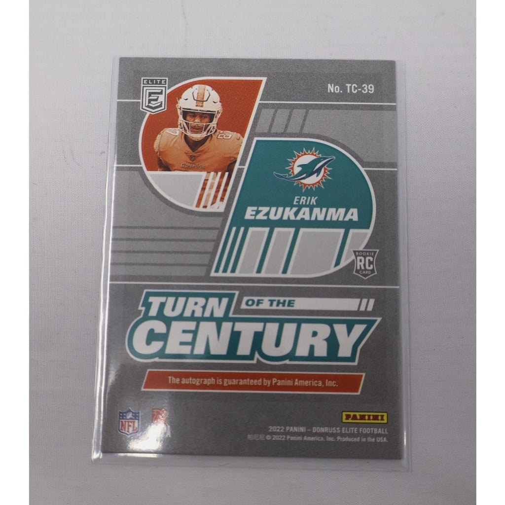 Back of 2022 Donruss Elite Erik Ezukanma Turn of the Century Red auto rookie card with serial numbering and player details