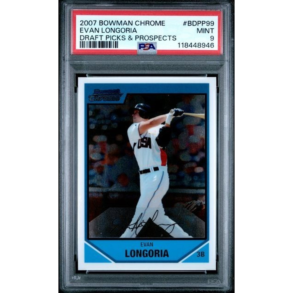 Front view of a 2007 Bowman Chrome Draft Picks & Prospects Evan Longoria rookie card #BDPP99 graded PSA 9