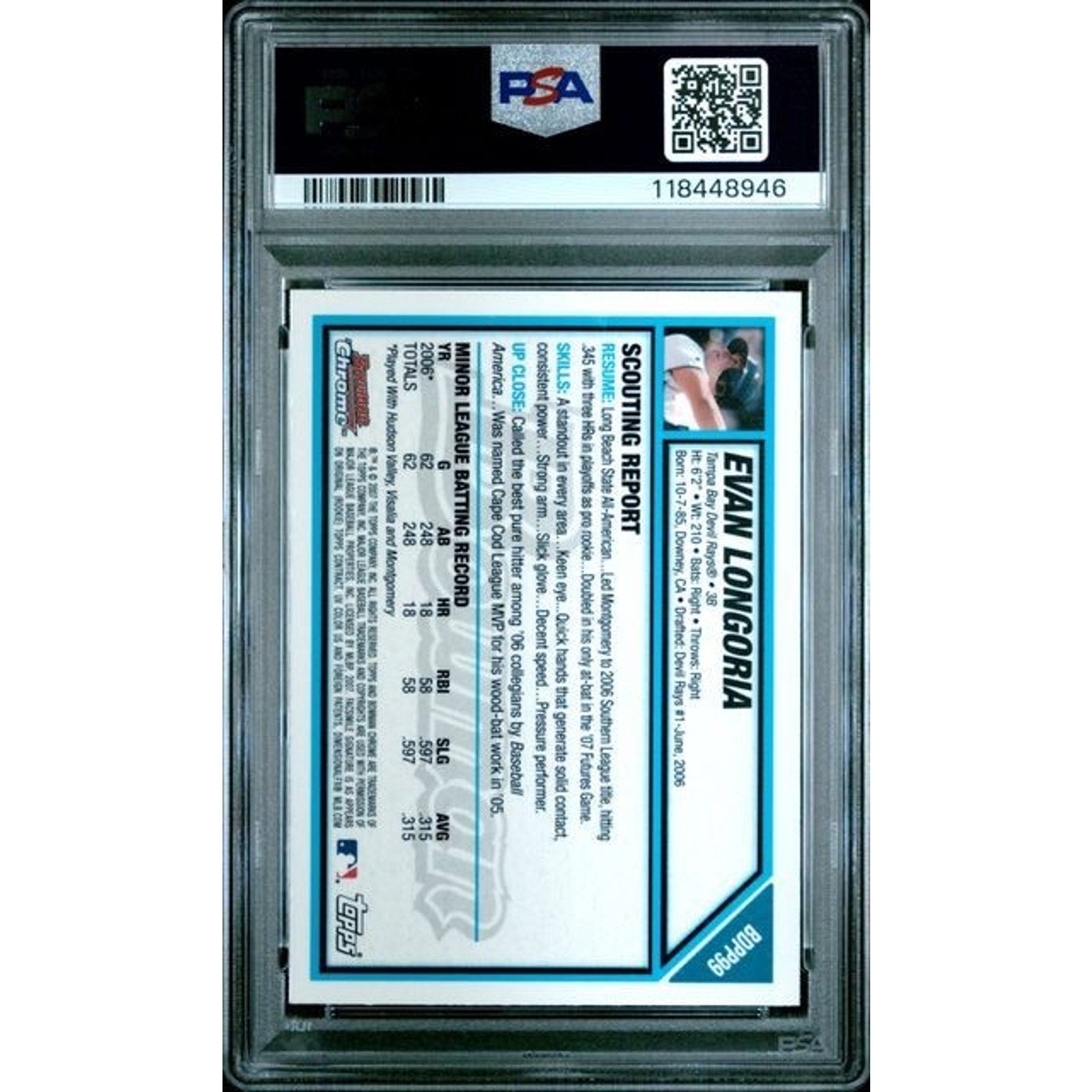 Back view of the Evan Longoria 2007 Bowman Chrome Draft Picks & Prospects rookie card inside PSA slab showing player information and certification details
