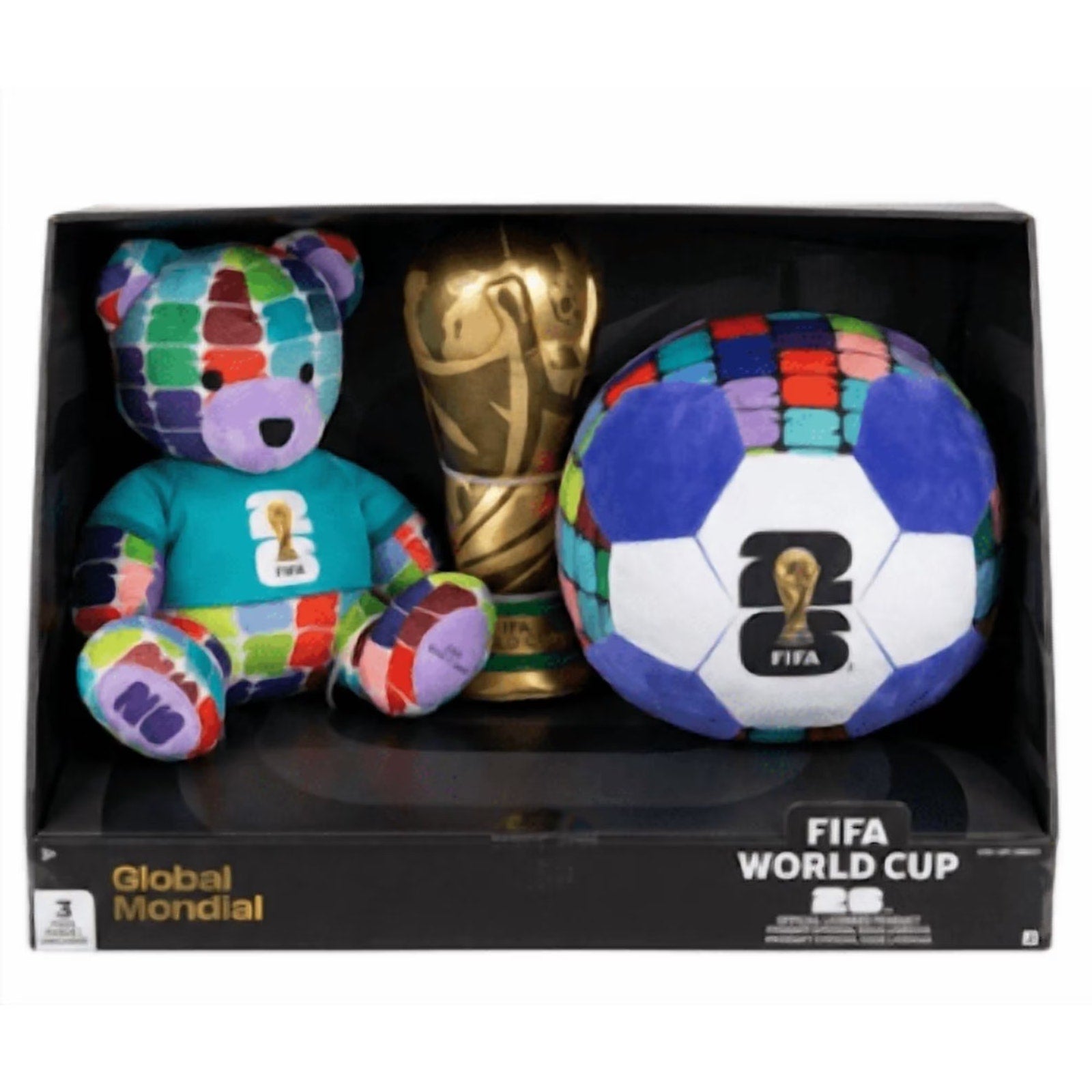 FIFA World Cup 2026 Global Mundial Collector Set featuring soccer ball plush, mascot plush, and World Cup trophy display