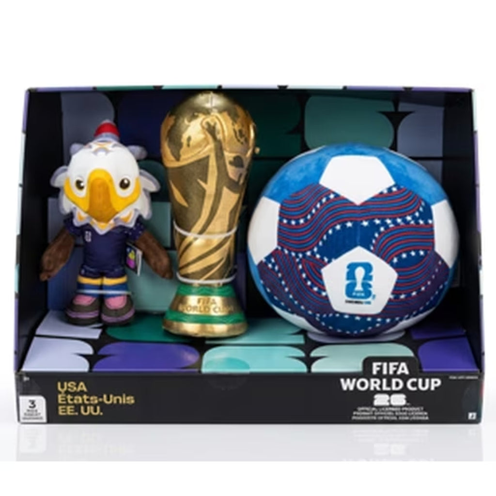 FIFA World Cup 2026 USA Collector Set featuring mascot plush, soccer ball plush, and replica World Cup trophy in display packaging