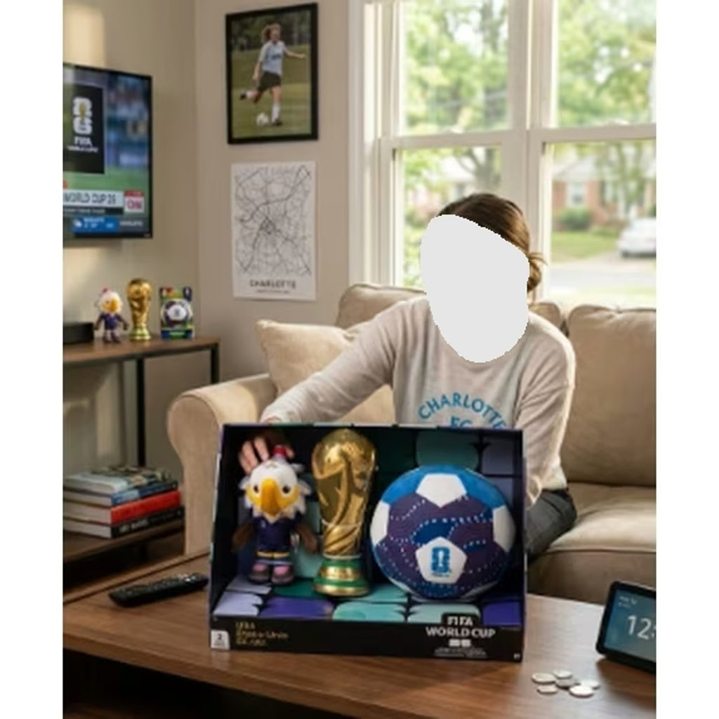 FIFA World Cup 2026 USA Collector Set displayed with mascot plush, soccer ball plush, and trophy replica outside packaging