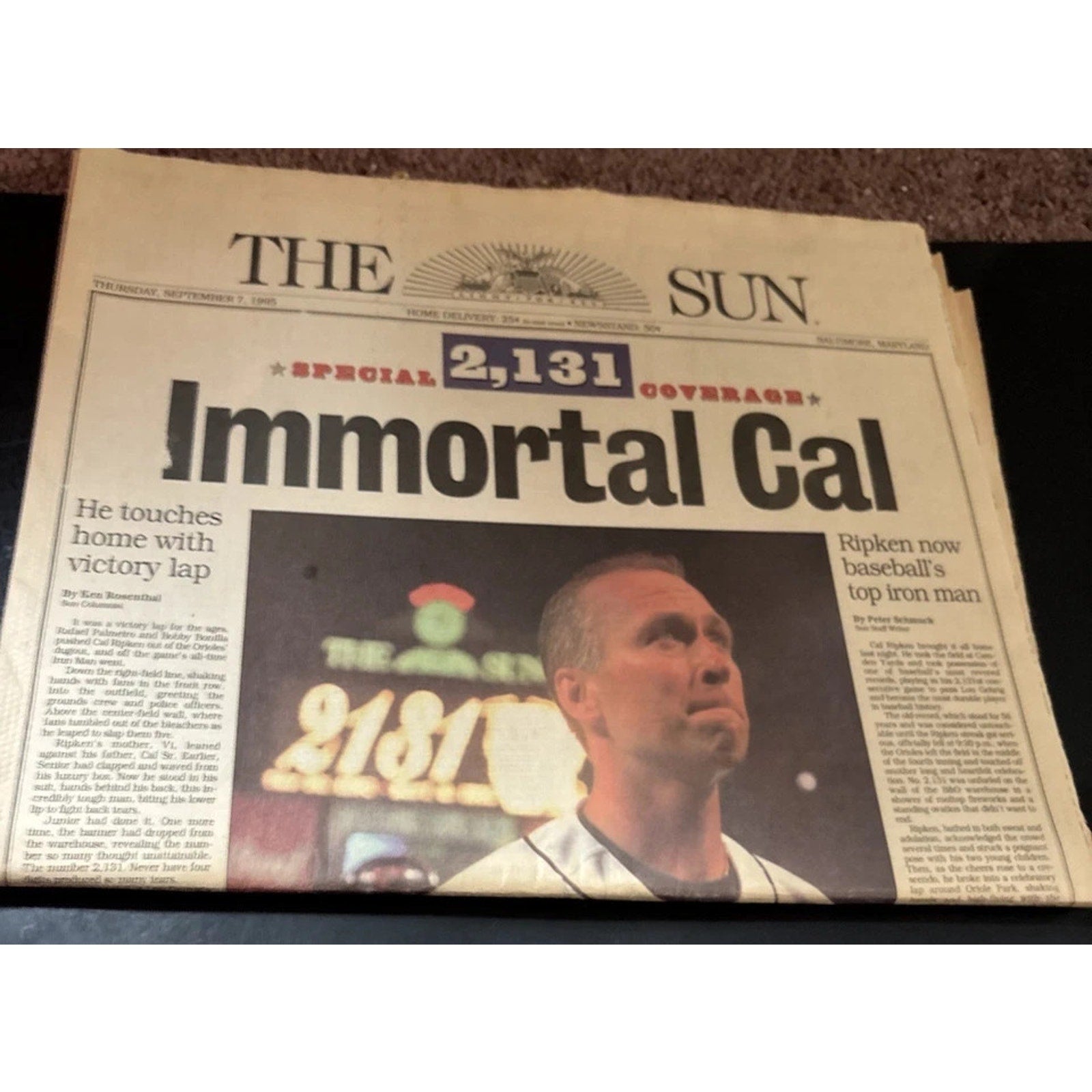Baltimore Sun Immortal Cal newspaper featuring Cal Ripken Jr milestone coverage