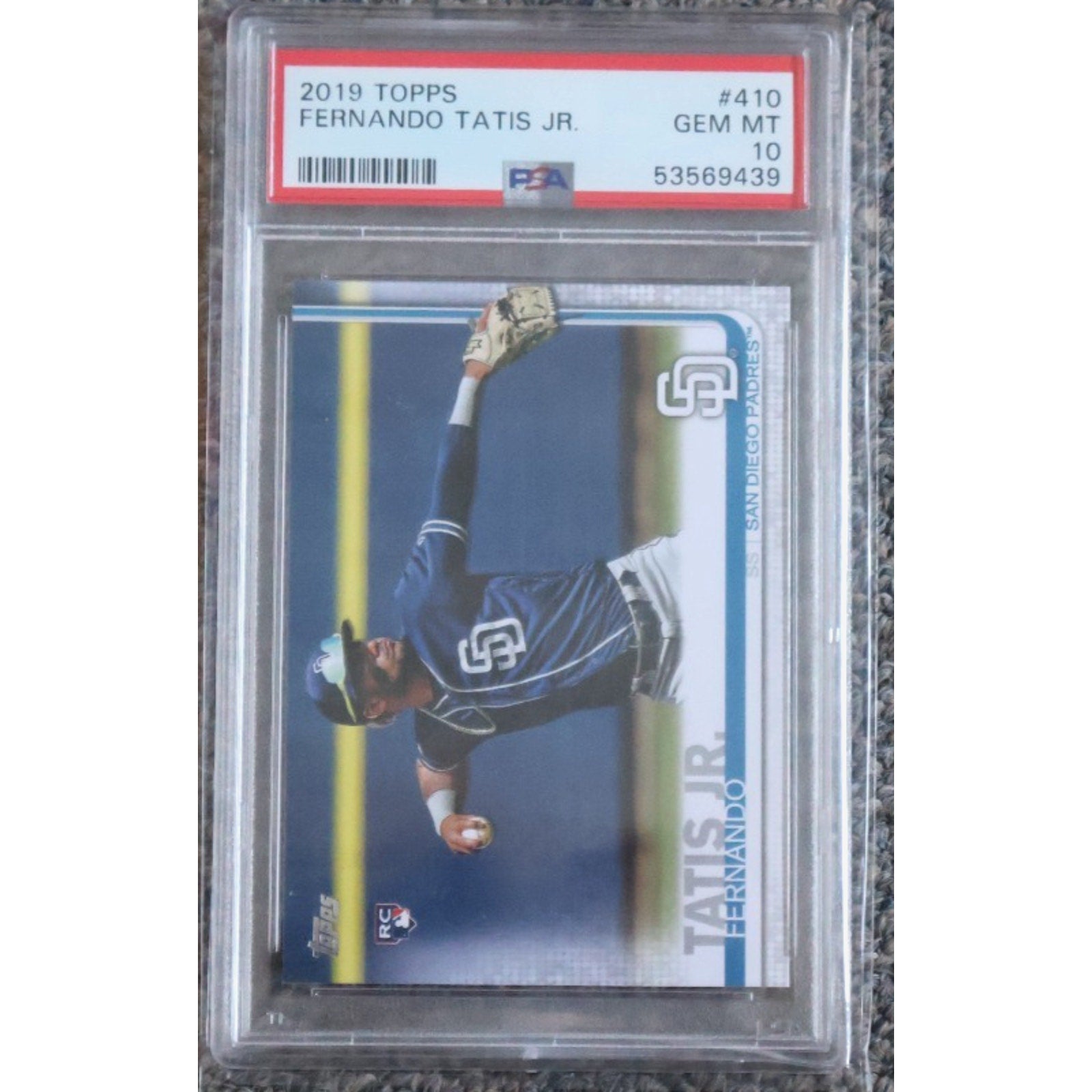 2019 Topps Fernando Tatis Jr rookie card #410 graded PSA 10 Gem Mint featuring San Diego Padres star
