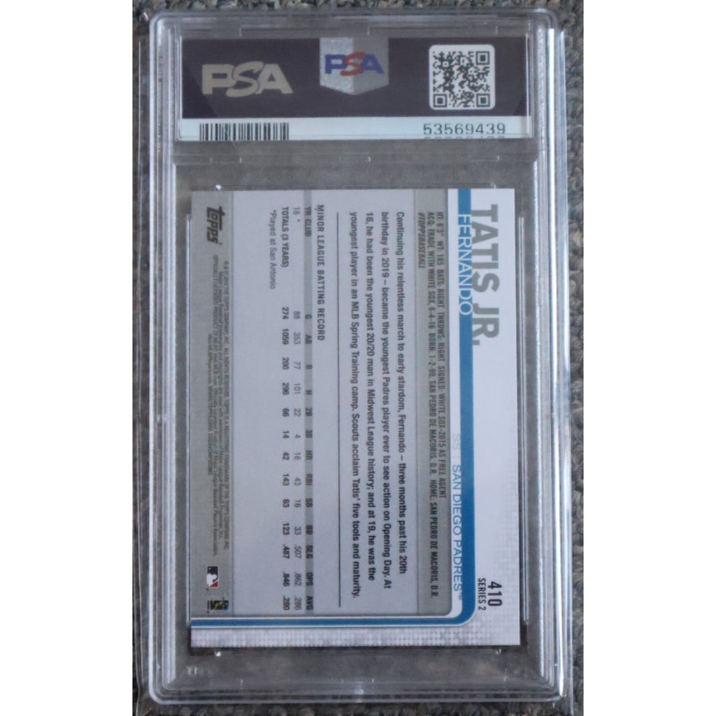 Back view of PSA 10 graded 2019 Topps Fernando Tatis Jr rookie baseball card #410
