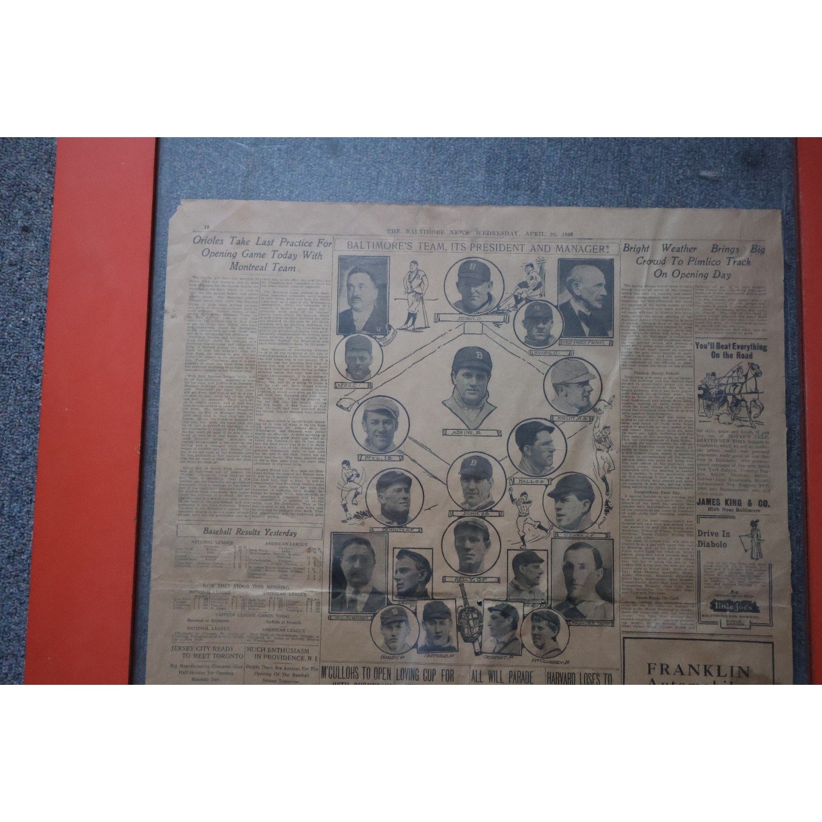 Close-up view of 1908 Baltimore News Orioles team sports page clipping in red frame