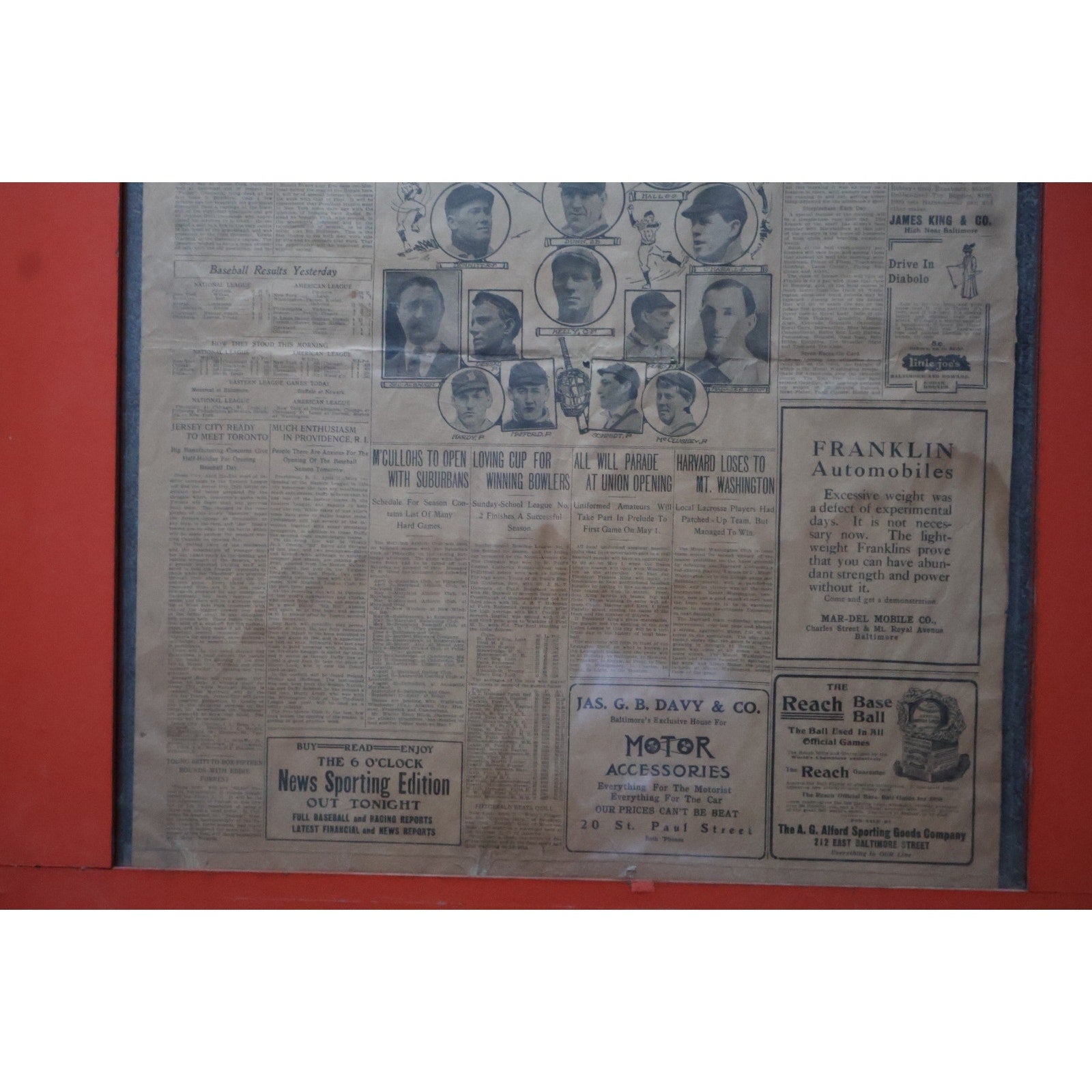 Back side detail of framed April 22 1908 Baltimore News sports newspaper collectible
