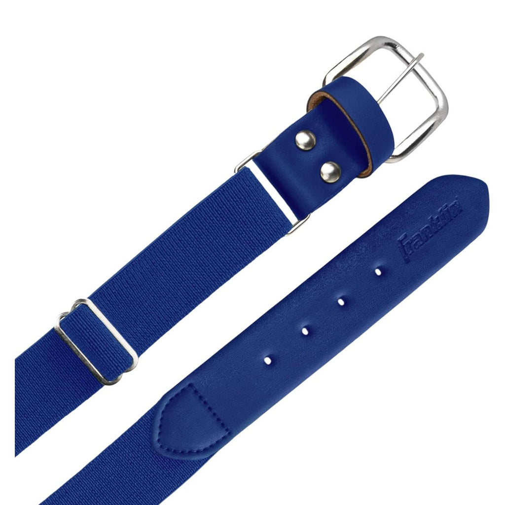 Close-up angled view of Franklin Sports royal blue baseball belt with silver buckle