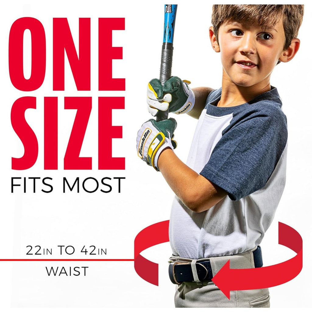 Child wearing Franklin Sports royal blue baseball belt with baseball uniform