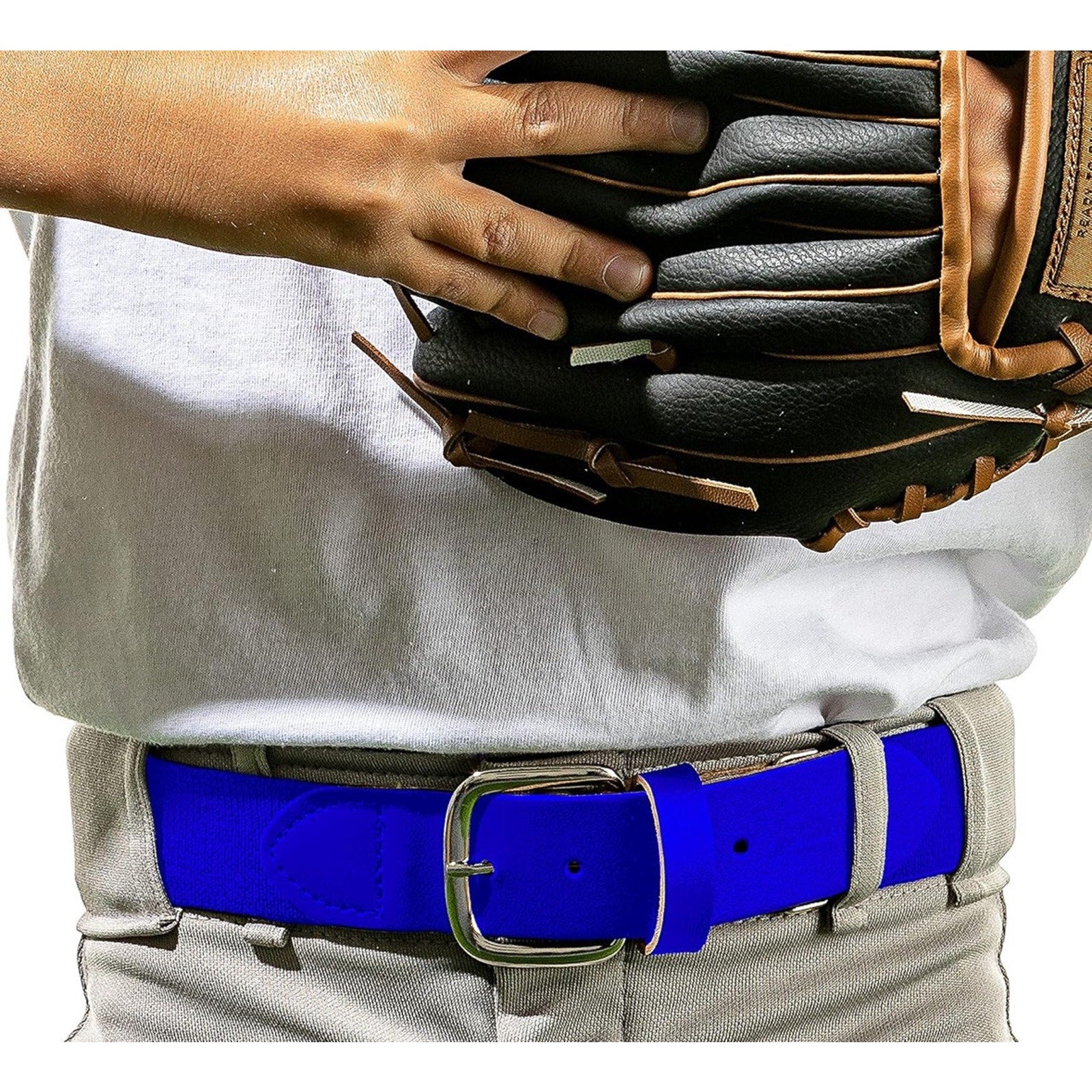 Franklin Sports royal blue expandable baseball belt steel buckle close-up