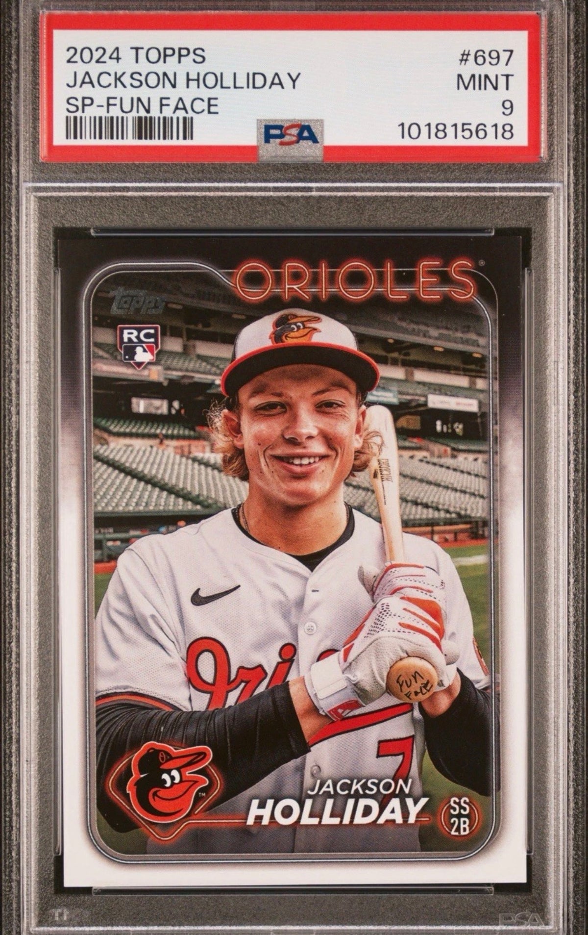 2024 Topps Series 2 Variation Jackson Holliday 697 Fun Face on Bat Knob RC PSA 9
