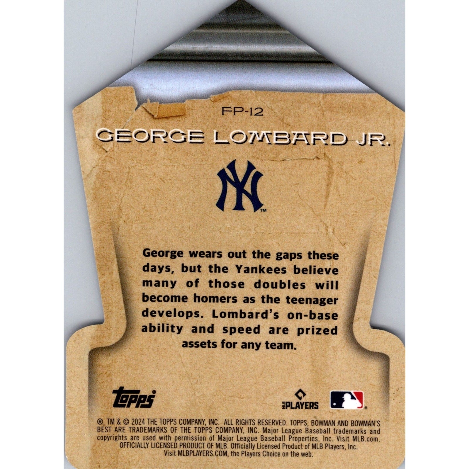 Back view of 2024 Bowman’s Best Fabled Phenoms George Lombard Jr. New York Yankees insert baseball card